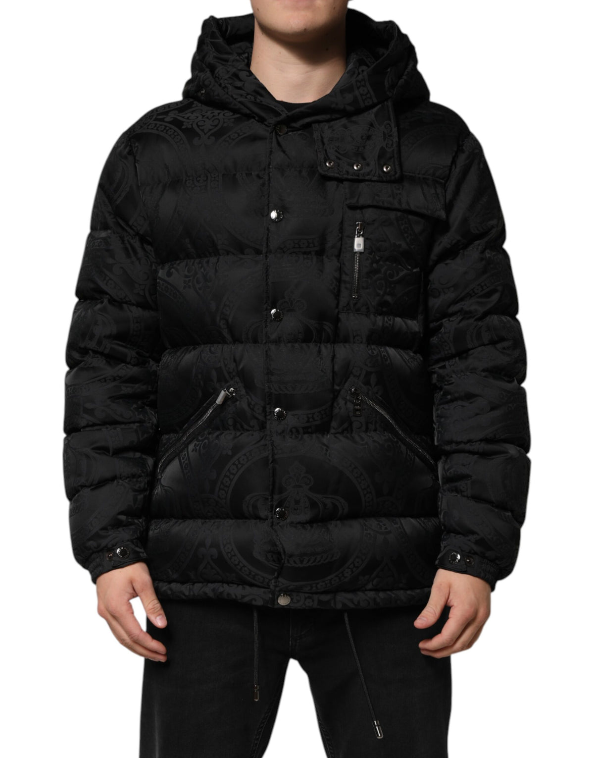 Dolce & Gabbana Black Jacquard Quilted Puffer Hooded Men's Jacket