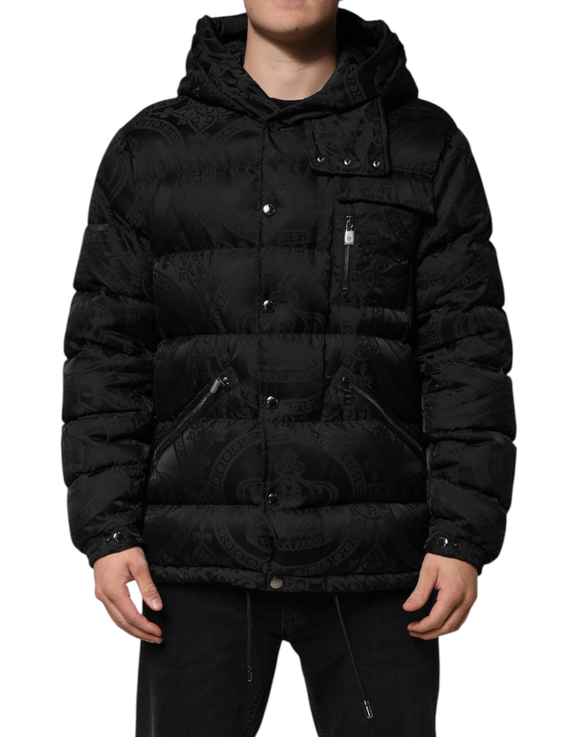 Dolce & Gabbana Black Jacquard Quilted Puffer Hooded Men's Jacket