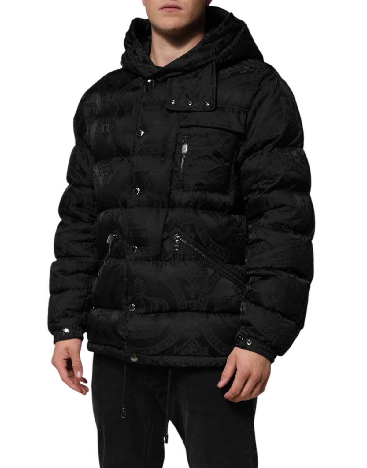 Dolce & Gabbana Black Jacquard Quilted Puffer Hooded Men's Jacket