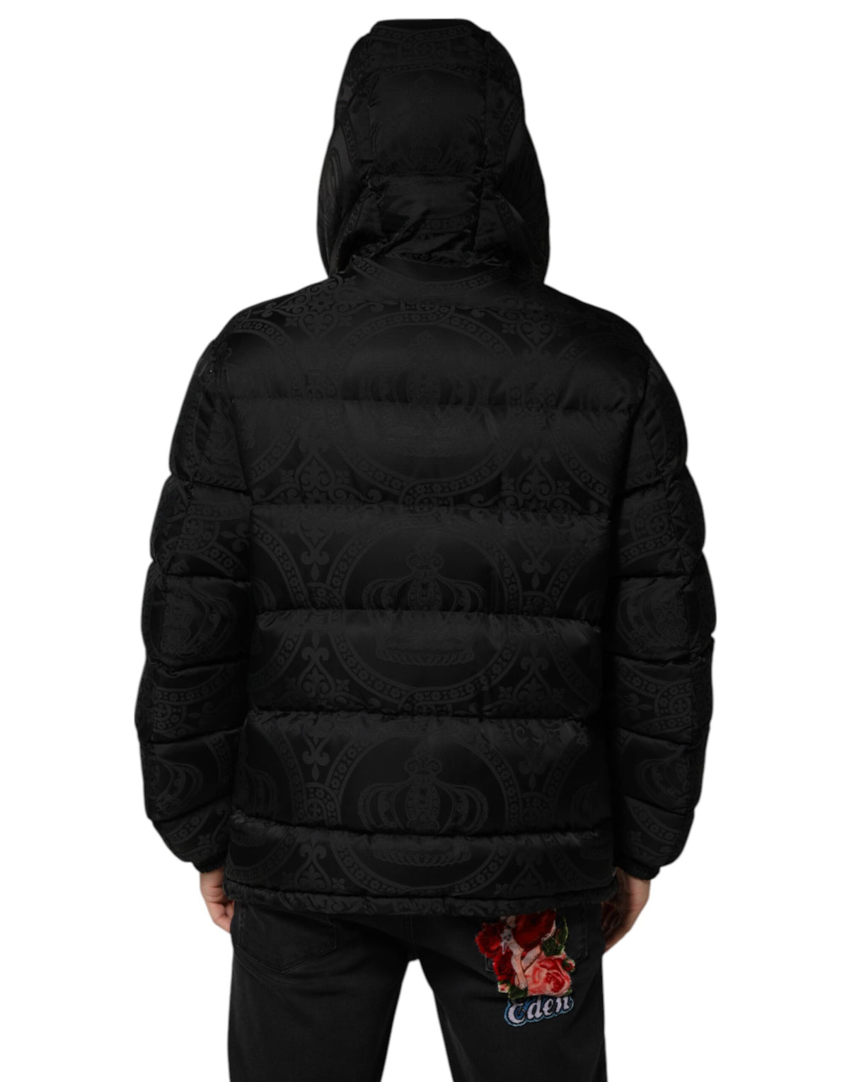 Dolce & Gabbana Black Jacquard Quilted Puffer Hooded Men's Jacket