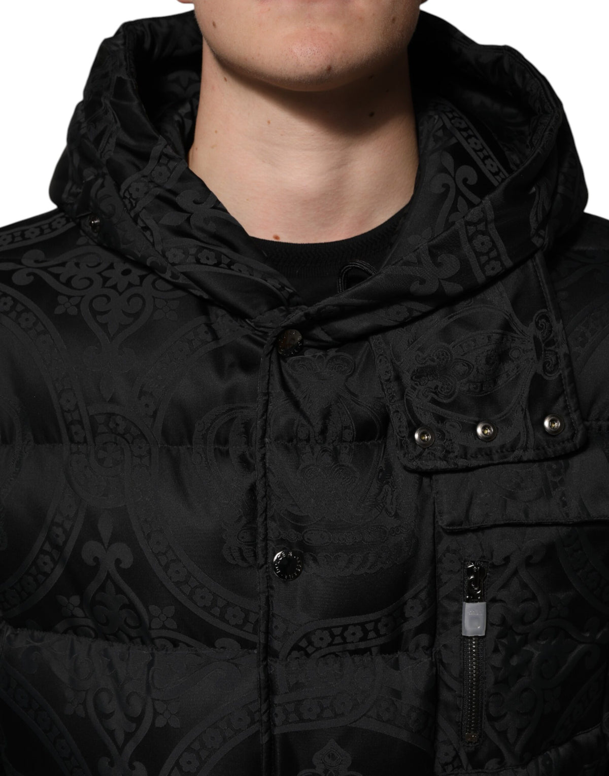 Dolce & Gabbana Black Jacquard Quilted Puffer Hooded Men's Jacket