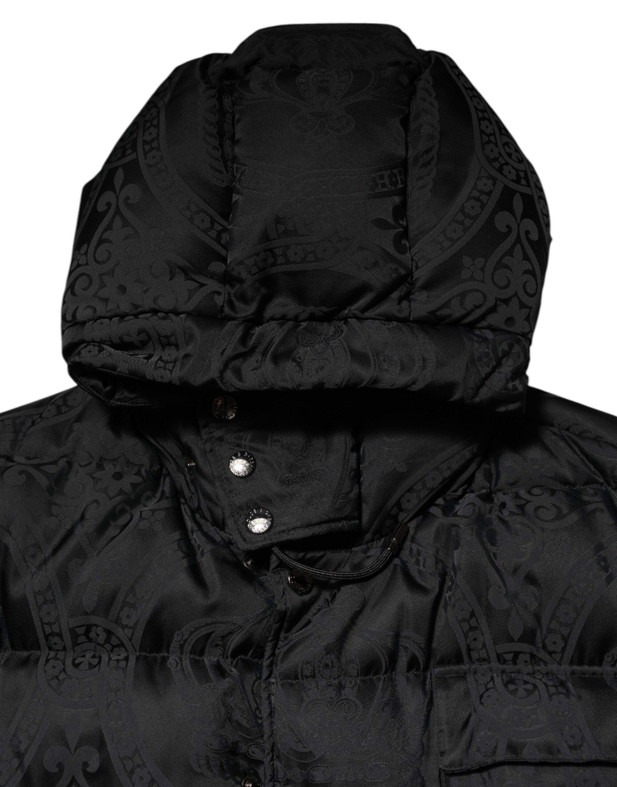 Dolce & Gabbana Black Jacquard Quilted Puffer Hooded Men's Jacket