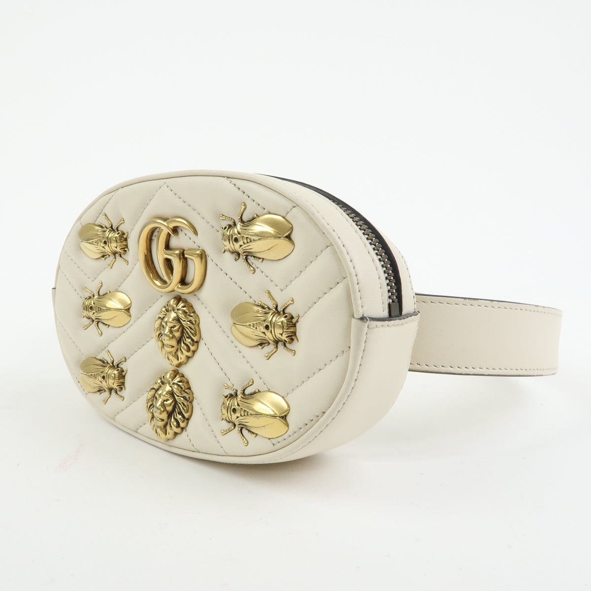 Gucci Gg Marmont Belt Embellished Matelasse Leather Beige Leather Handbag (Pre-Owned)
