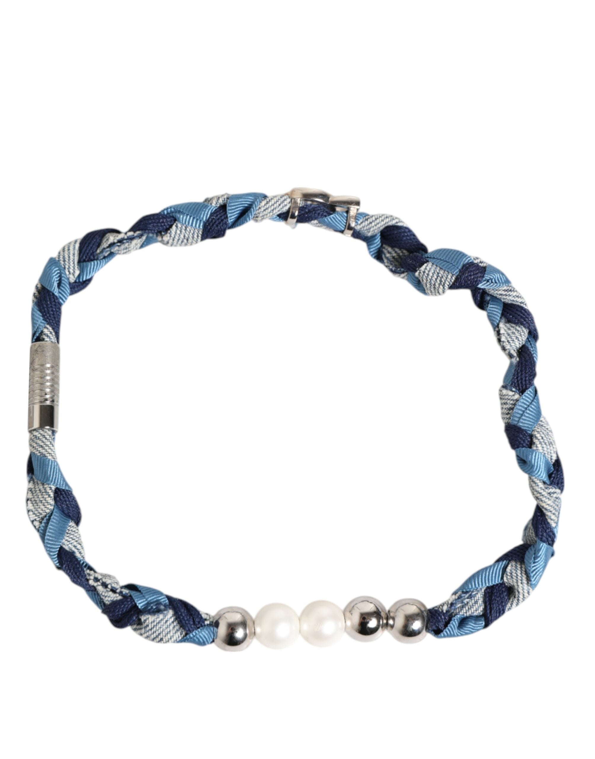 Dolce & Gabbana Blue White Braided Silver Metal Logo Beaded Men Men's Bracelet (Pre-Owned)