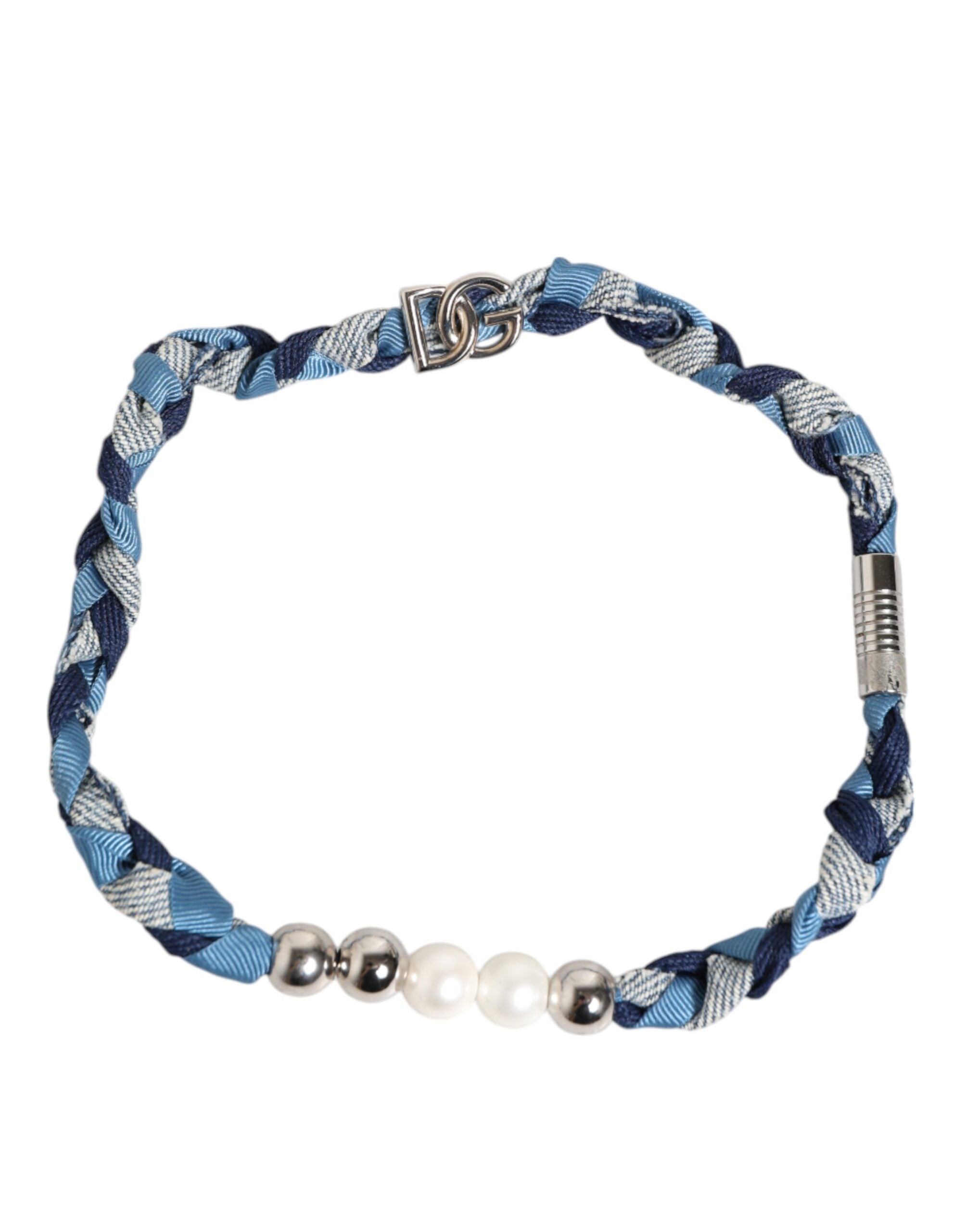 Dolce & Gabbana Blue White Braided Silver Metal Logo Beaded Men Men's Bracelet (Pre-Owned)