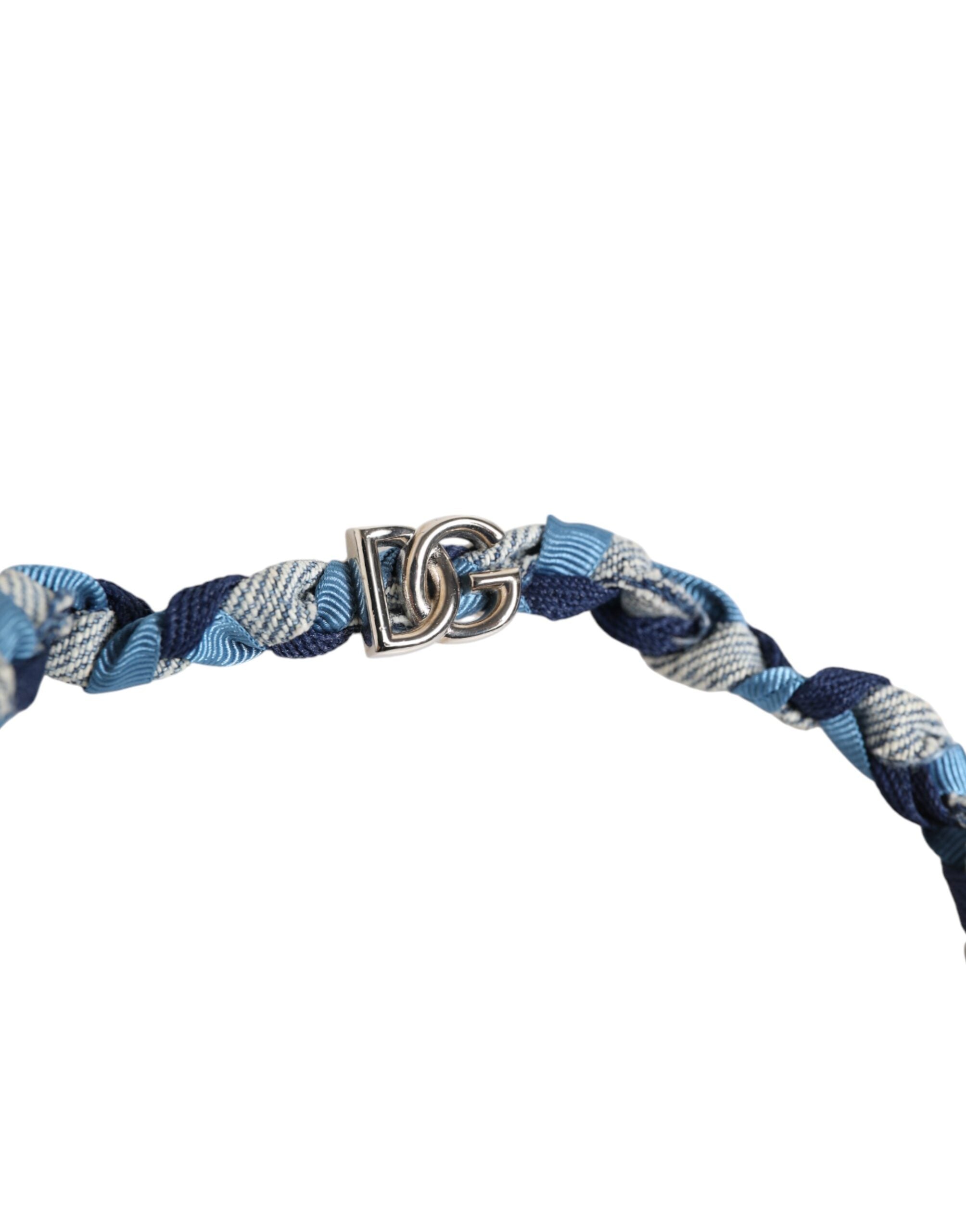 Dolce & Gabbana Blue White Braided Silver Metal Logo Beaded Men Men's Bracelet (Pre-Owned)