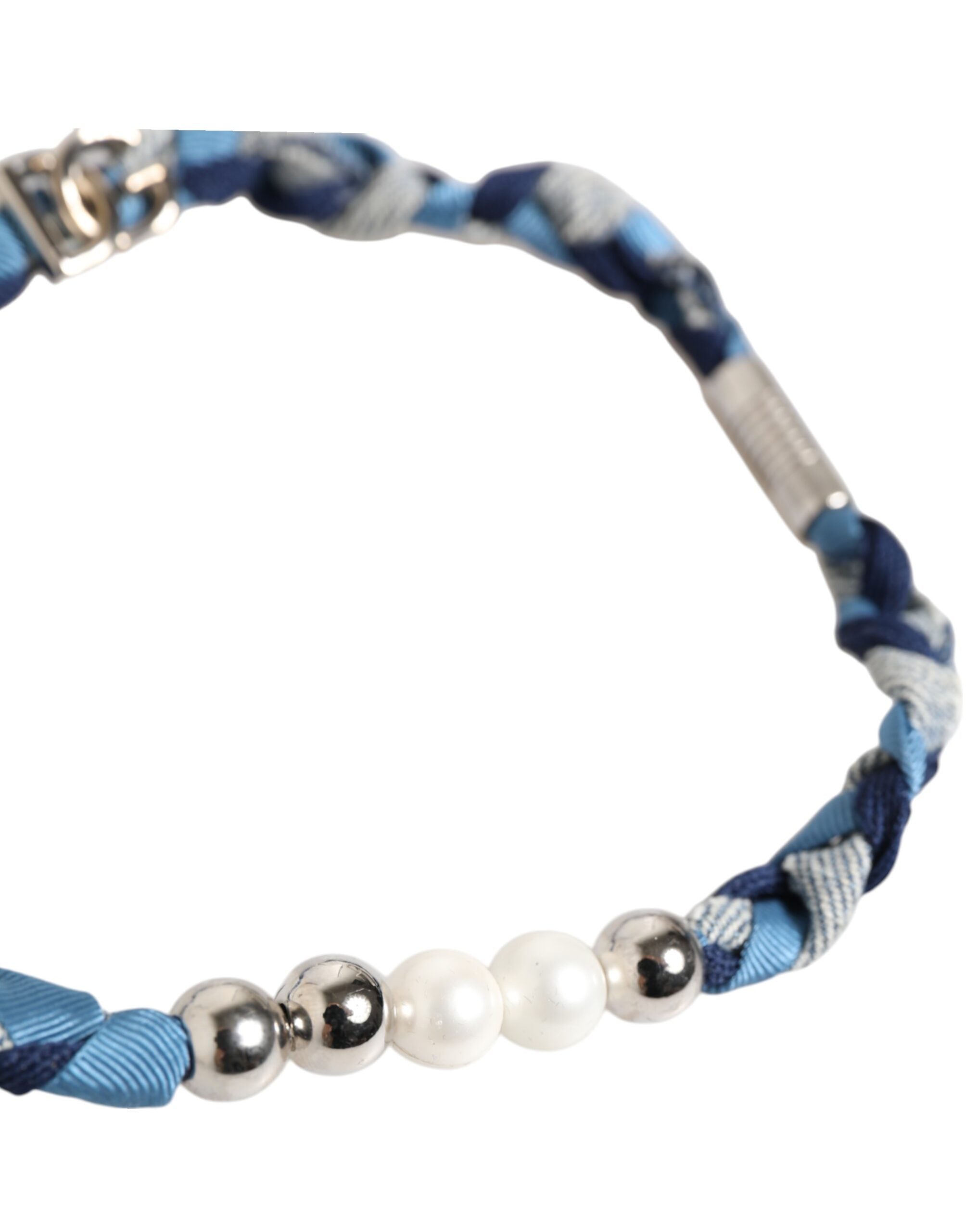 Dolce & Gabbana Blue White Braided Silver Metal Logo Beaded Men Men's Bracelet (Pre-Owned)