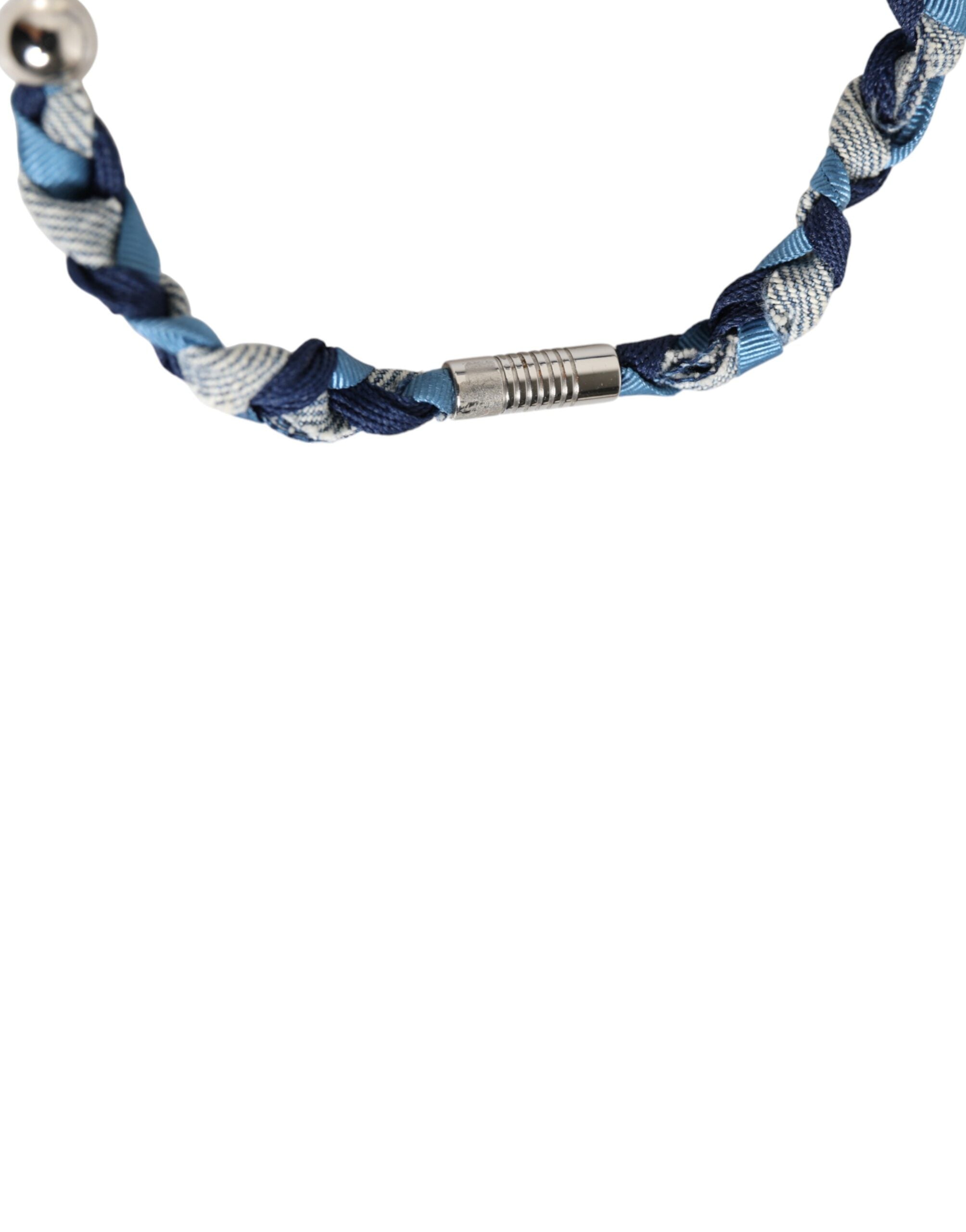 Dolce & Gabbana Blue White Braided Silver Metal Logo Beaded Men Men's Bracelet (Pre-Owned)