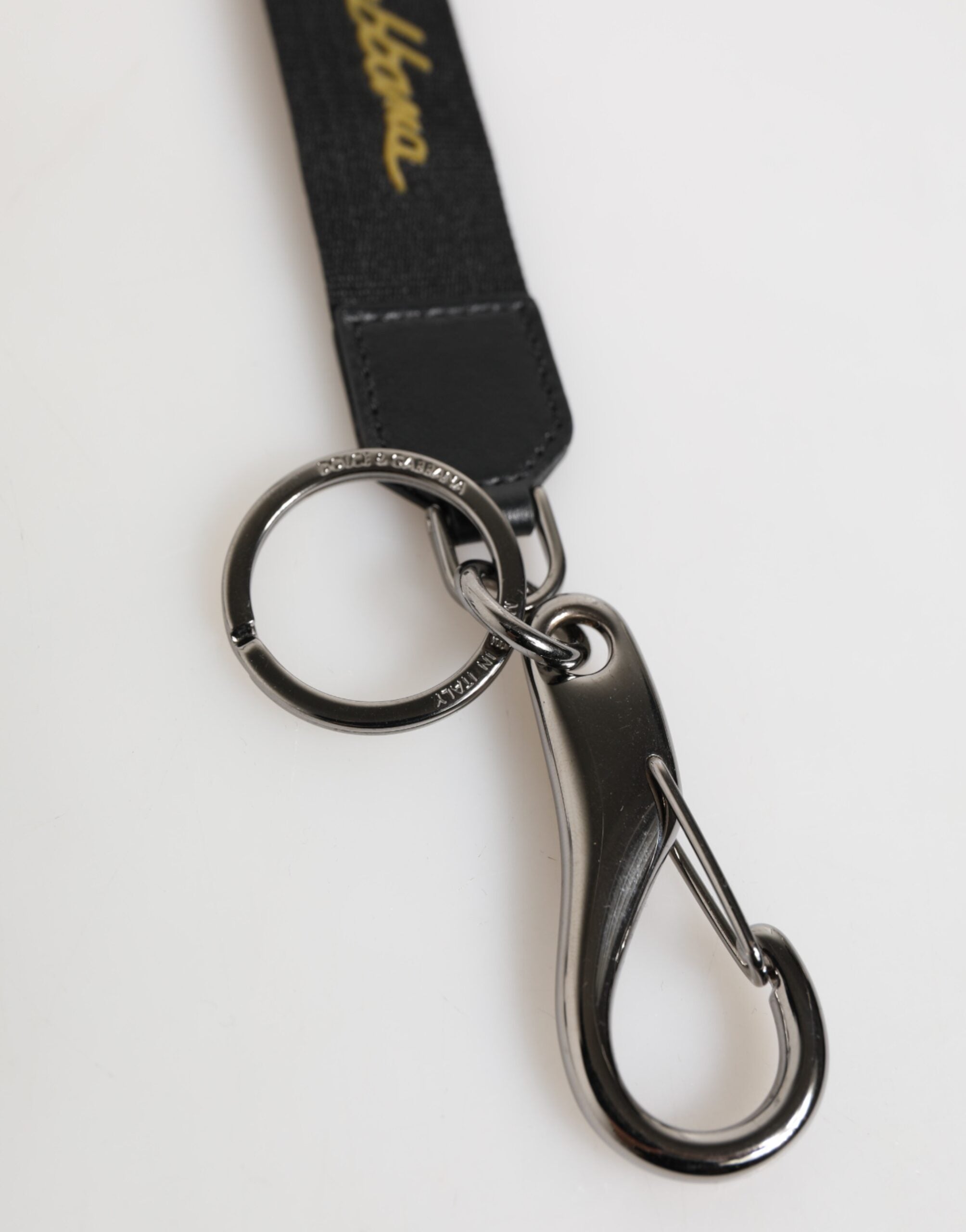 Dolce & Gabbana Black Yellow Polyester DG Logo Silver Keychain Men's Keyring