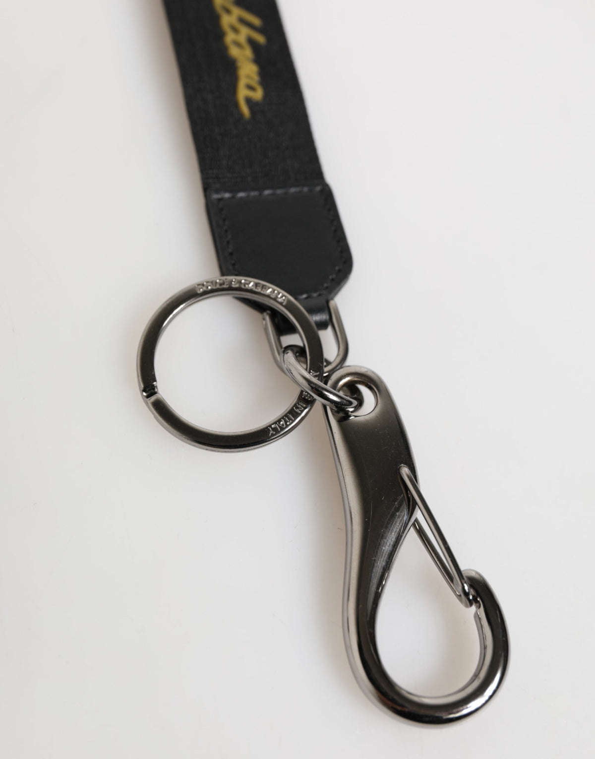 Dolce & Gabbana Black Yellow Polyester DG Logo Silver Keychain Men's Keyring