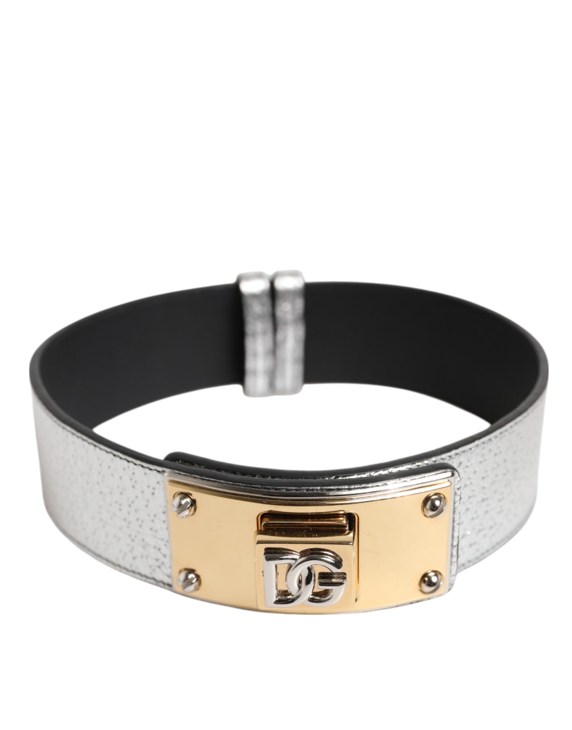 Dolce & Gabbana Silver Textured Leather Gold Tone Metal Men's Neckband (Pre-Owned)