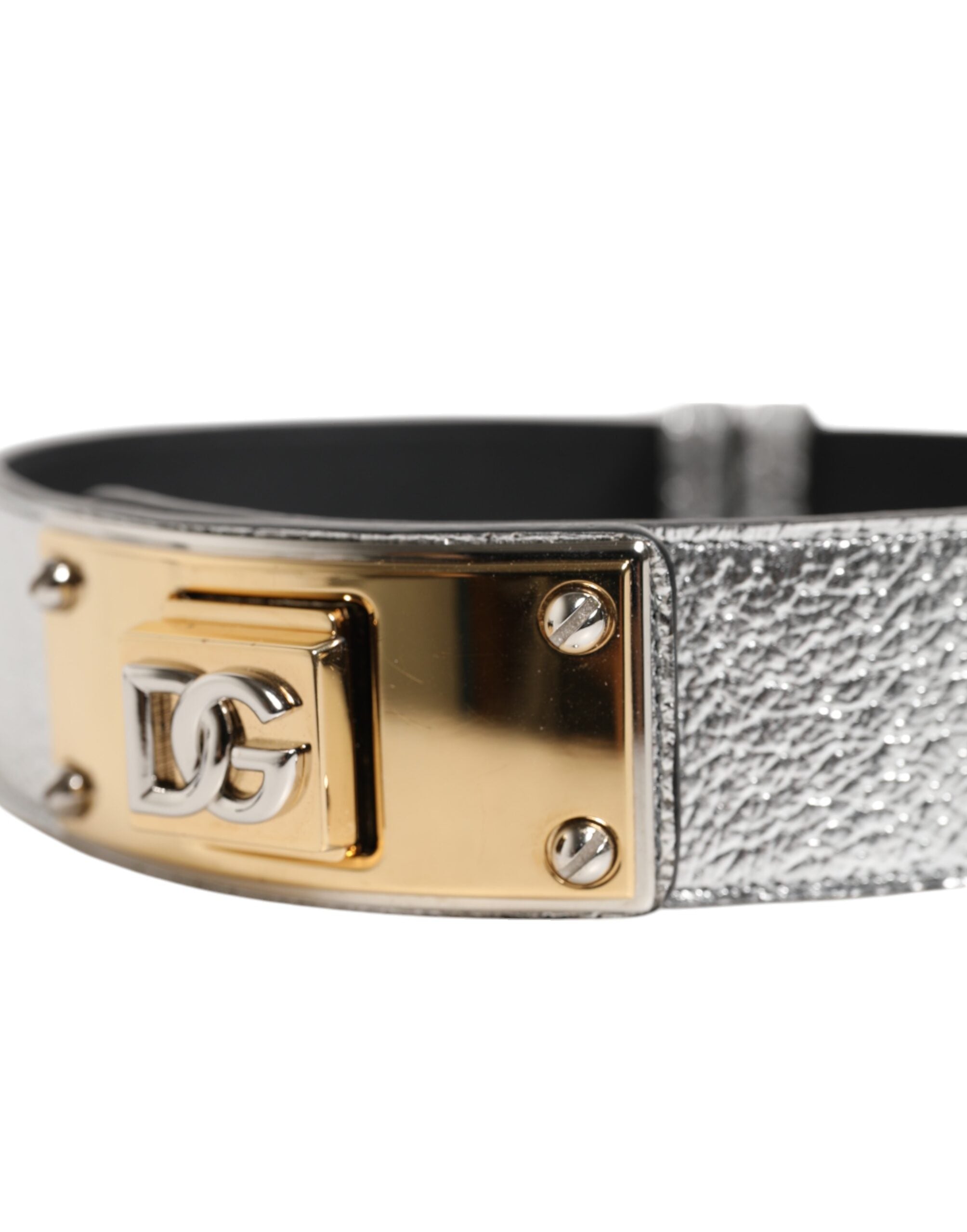 Dolce & Gabbana Silver Textured Leather Gold Tone Metal Men's Neckband (Pre-Owned)