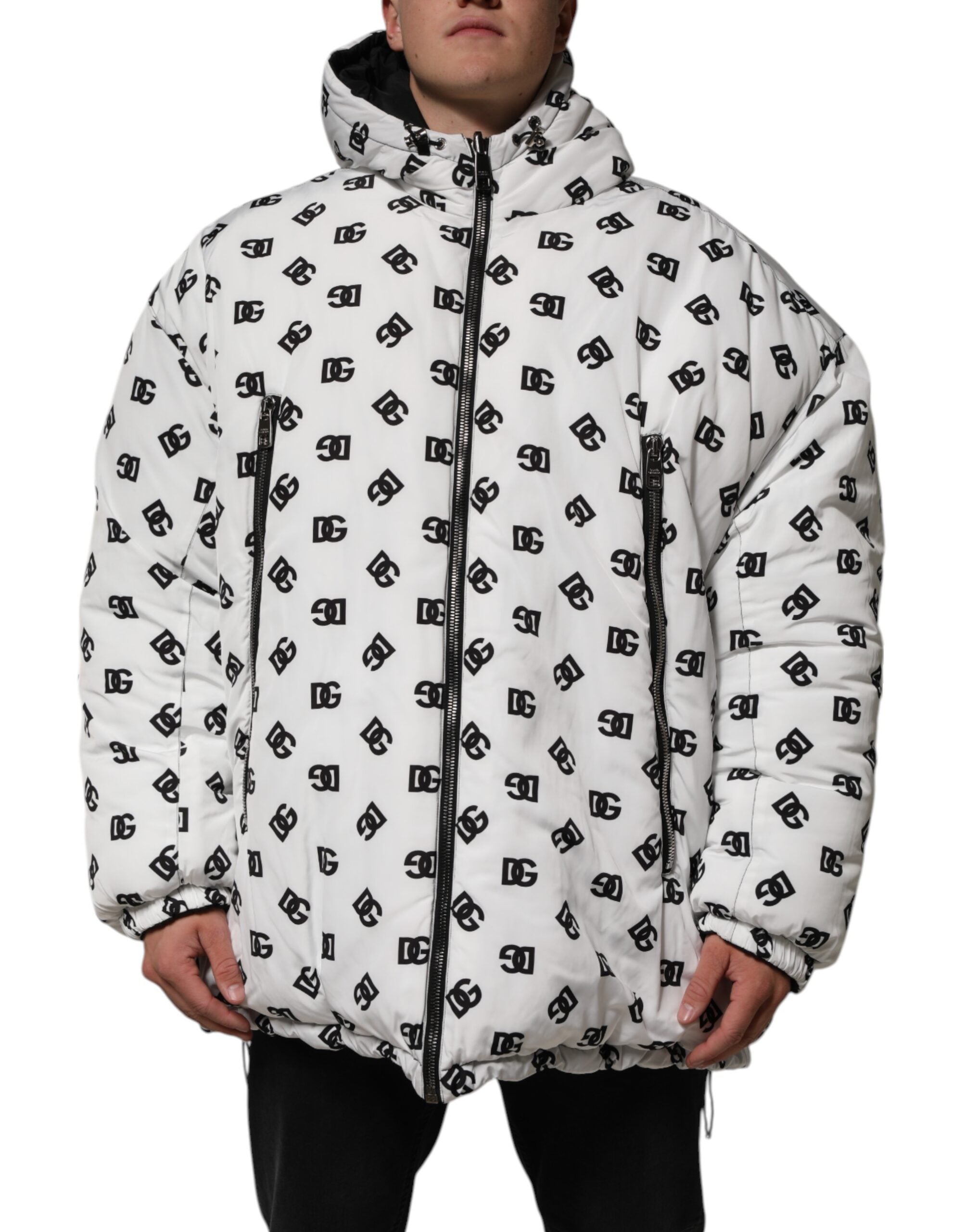 Dolce & Gabbana White DG Monogram Hooded Puffer Men's Jacket