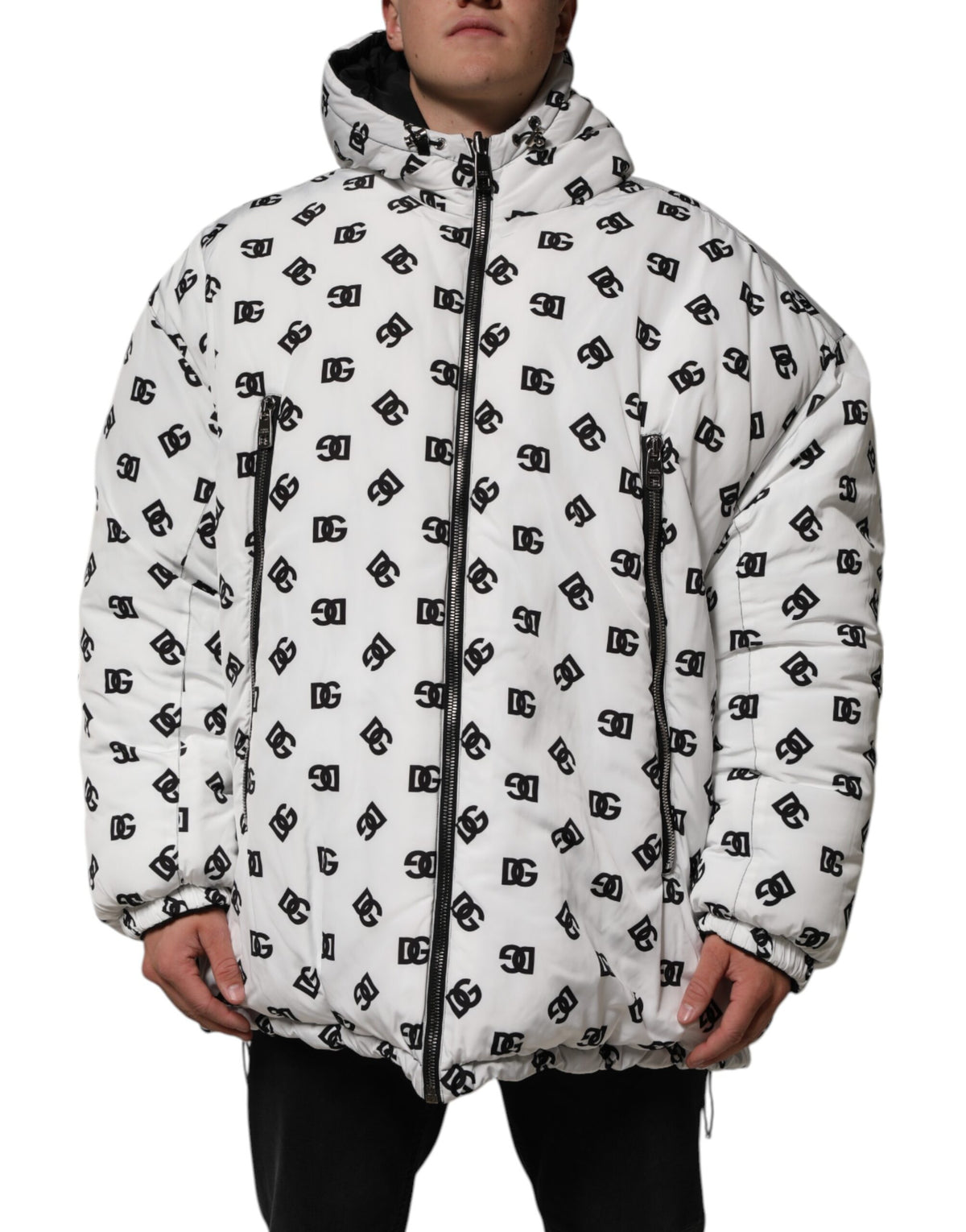 Dolce & Gabbana White DG Monogram Hooded Puffer Men's Jacket
