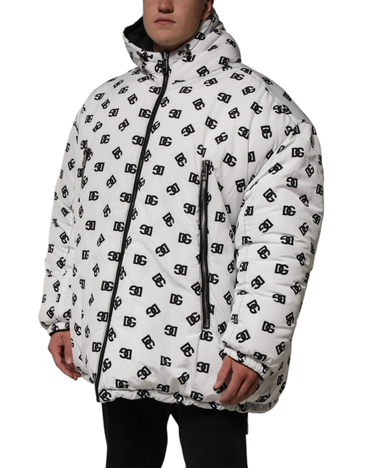 Dolce & Gabbana White DG Monogram Hooded Puffer Men's Jacket