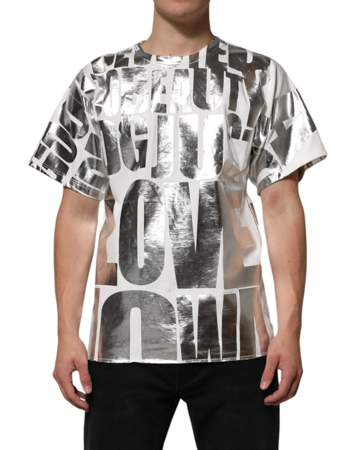 Dolce & Gabbana White Metallic Print Cotton CrewNeck Men's T-shirt (Pre-Owned)