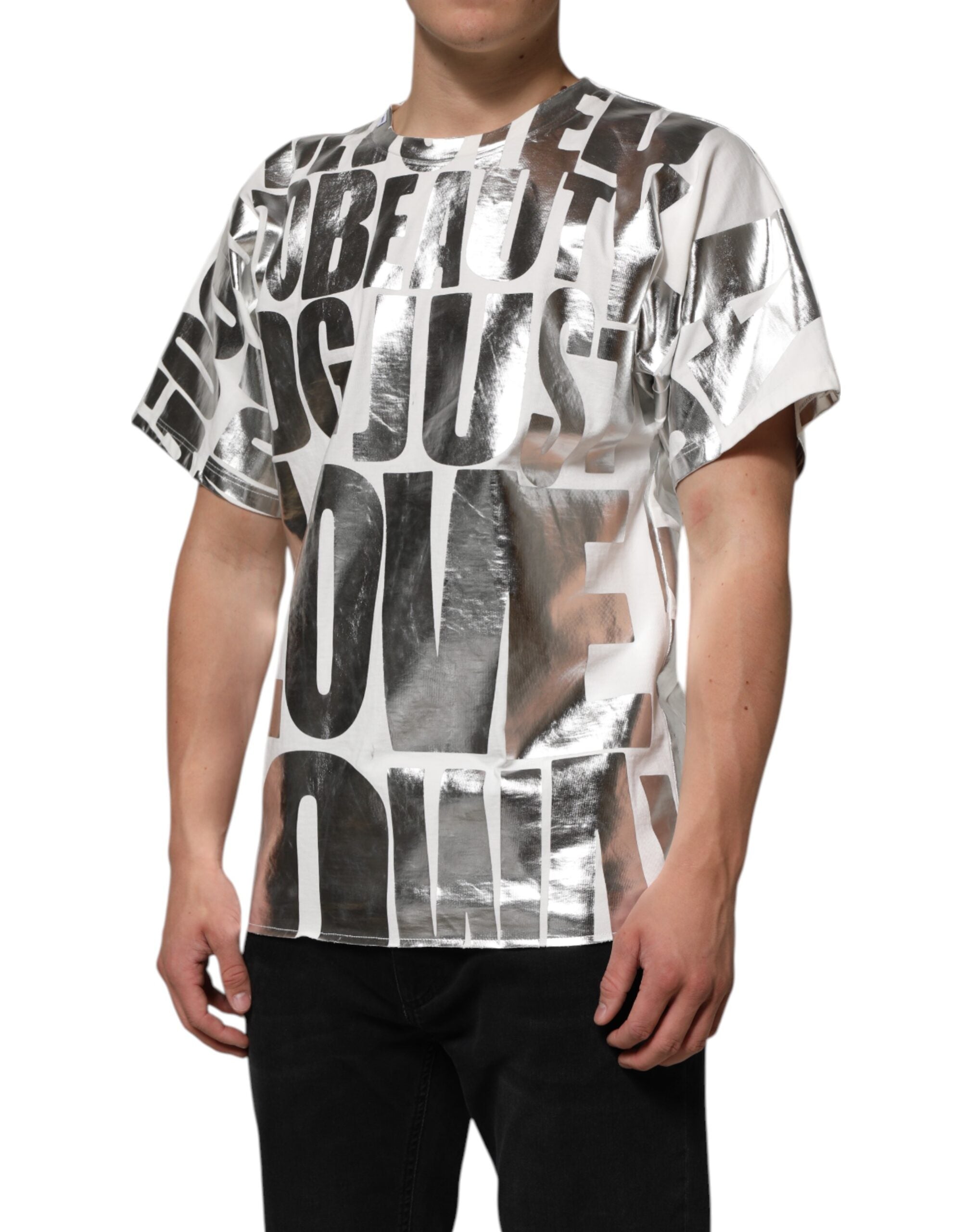 Dolce & Gabbana White Metallic Print Cotton CrewNeck Men's T-shirt (Pre-Owned)