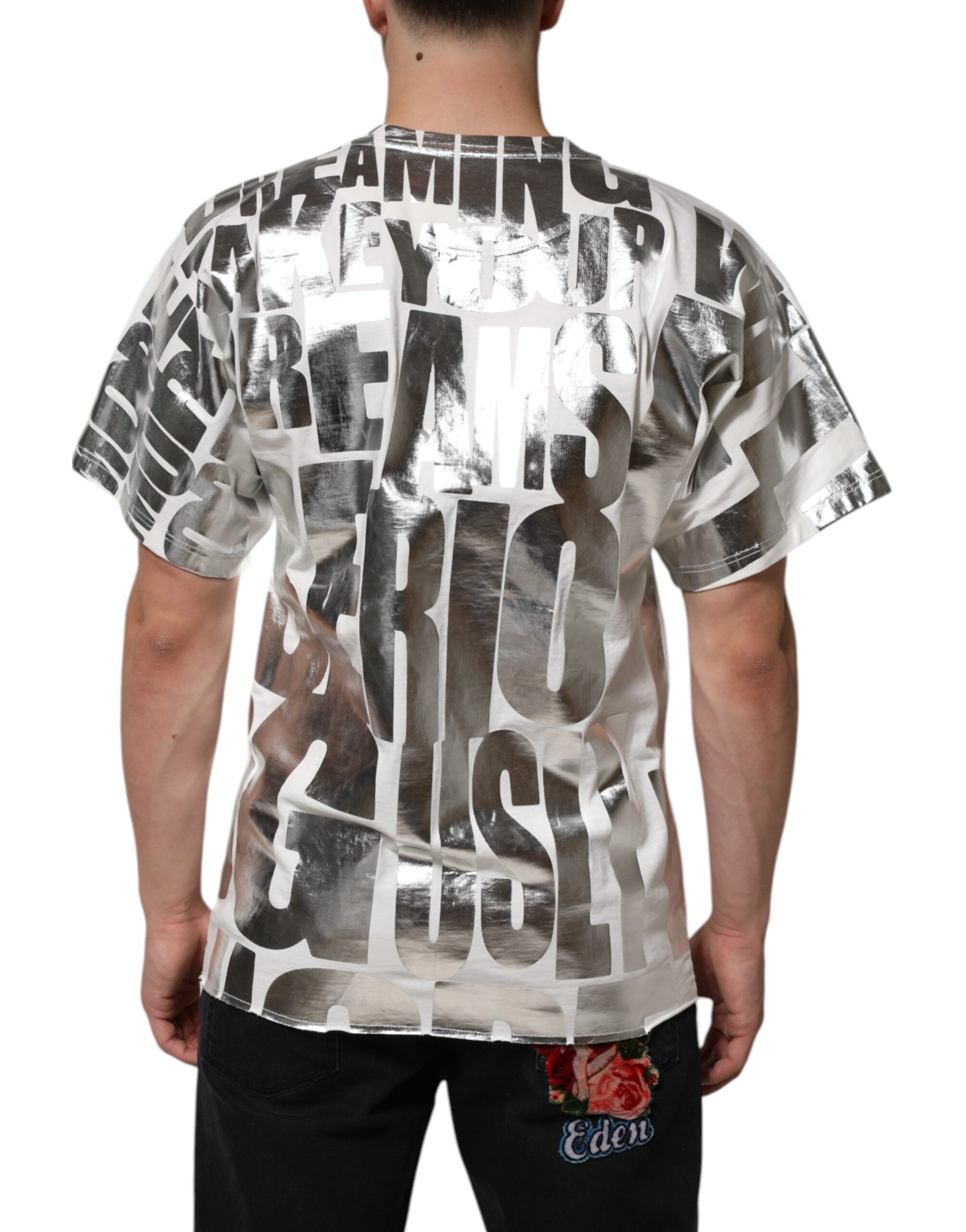 Dolce & Gabbana White Metallic Print Cotton CrewNeck Men's T-shirt (Pre-Owned)