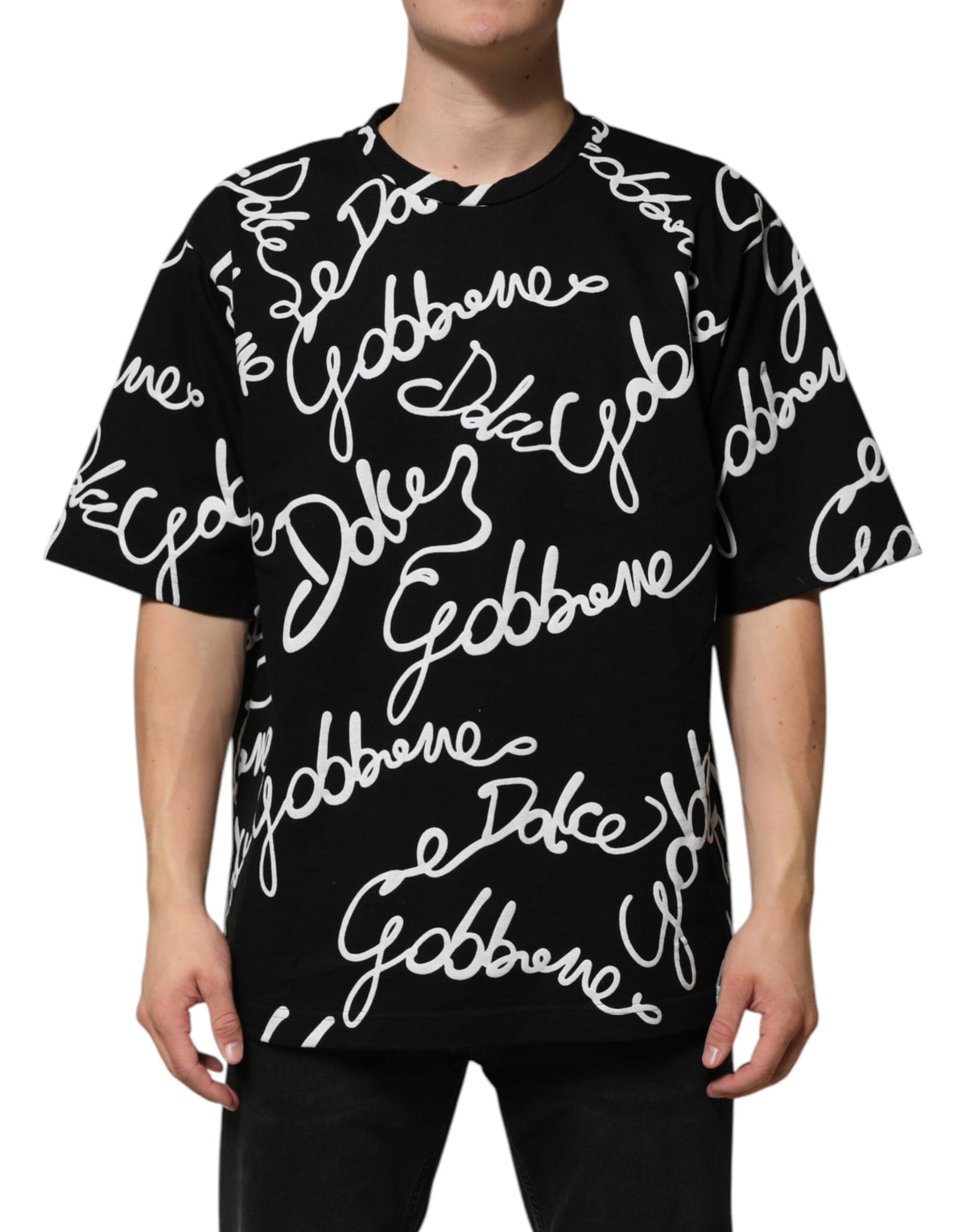 Dolce & Gabbana Black Logo Print Cotton Crew Neck Men's T-shirt (Pre-Owned)