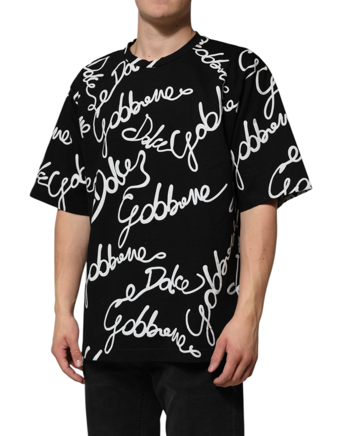 Dolce & Gabbana Black Logo Print Cotton Crew Neck Men's T-shirt (Pre-Owned)