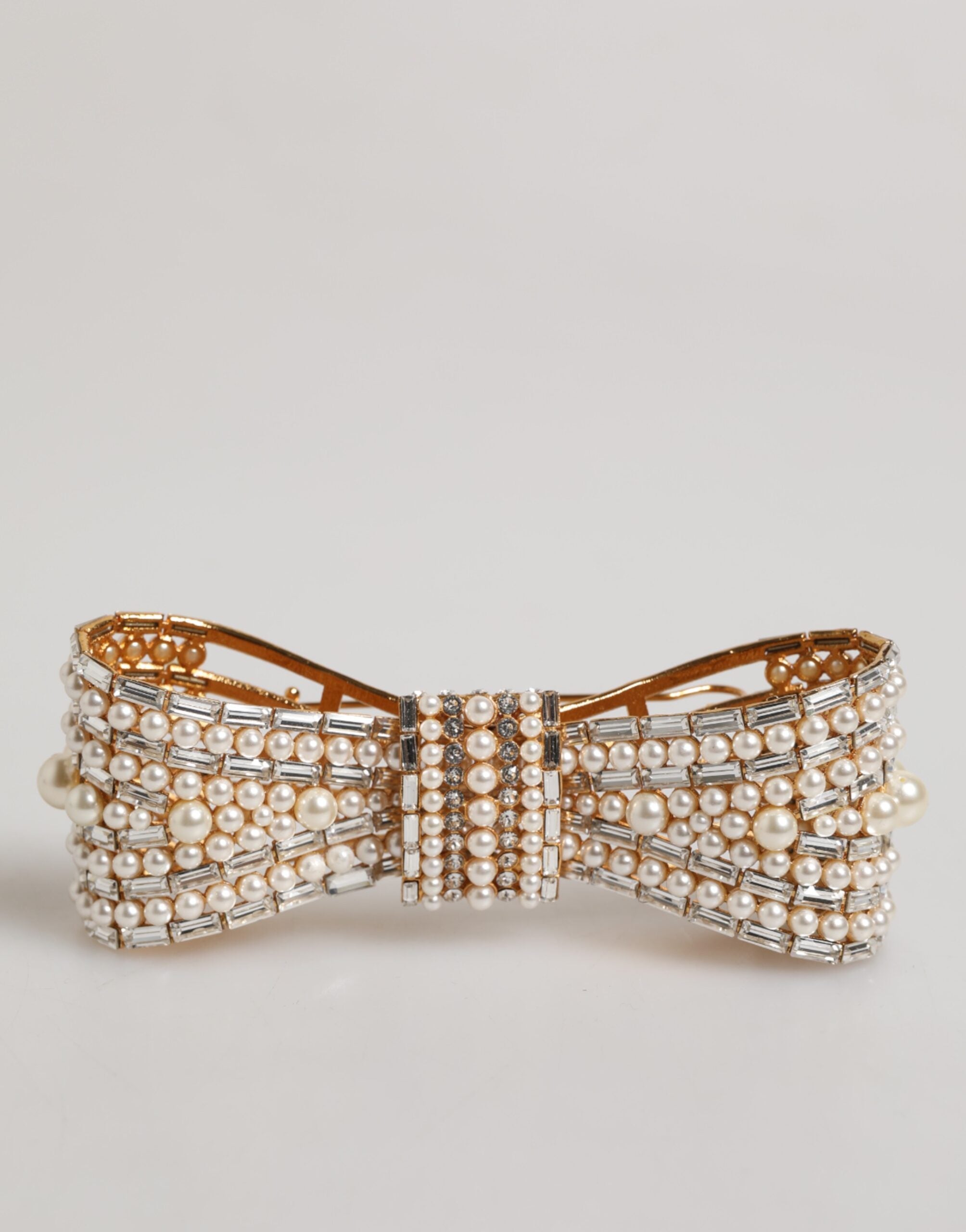 Dolce & Gabbana Gold Tone Brass Bow Crystal Faux Pearl Embellished Women's Brooch (Pre-Owned)