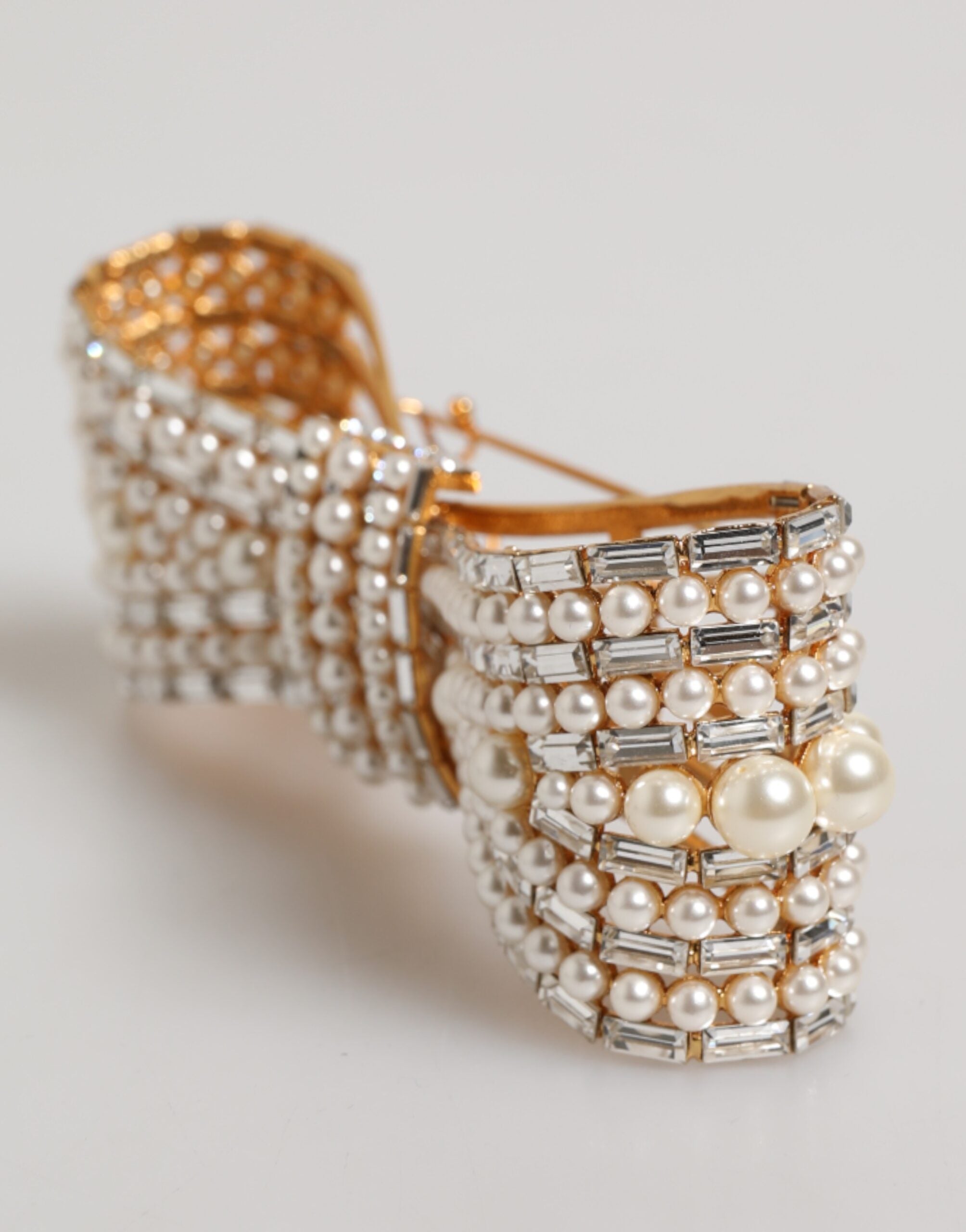 Dolce & Gabbana Gold Tone Brass Bow Crystal Faux Pearl Embellished Women's Brooch (Pre-Owned)