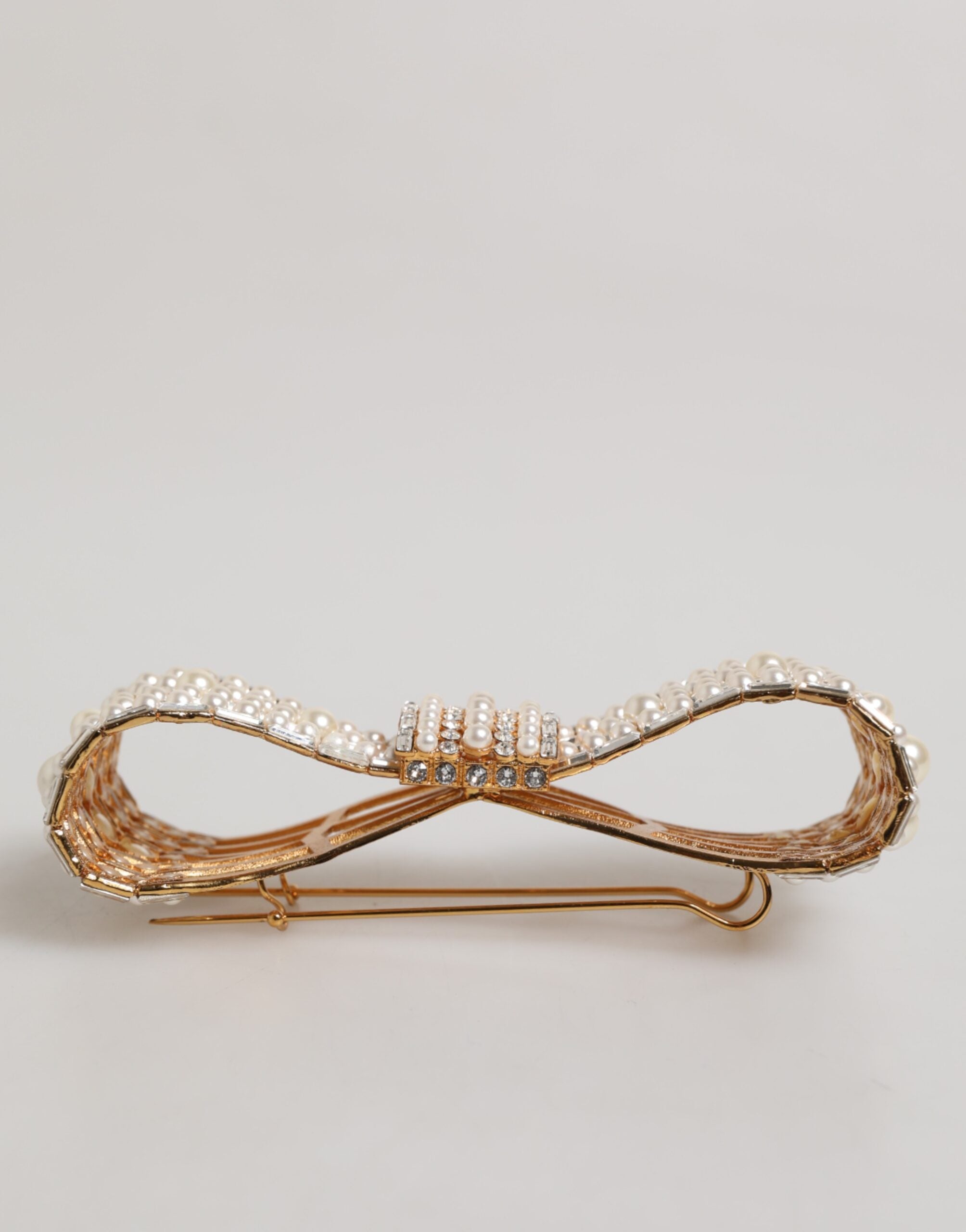 Dolce & Gabbana Gold Tone Brass Bow Crystal Faux Pearl Embellished Women's Brooch (Pre-Owned)