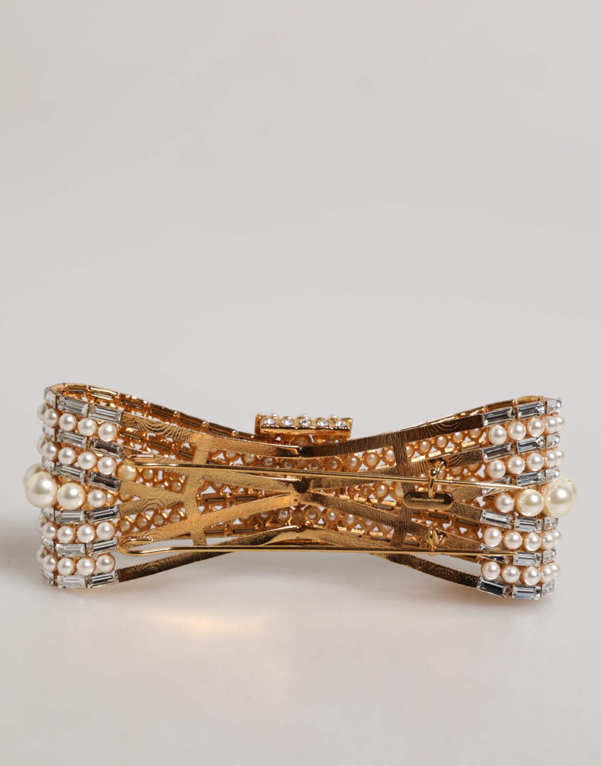Dolce & Gabbana Gold Tone Brass Bow Crystal Faux Pearl Embellished Women's Brooch (Pre-Owned)