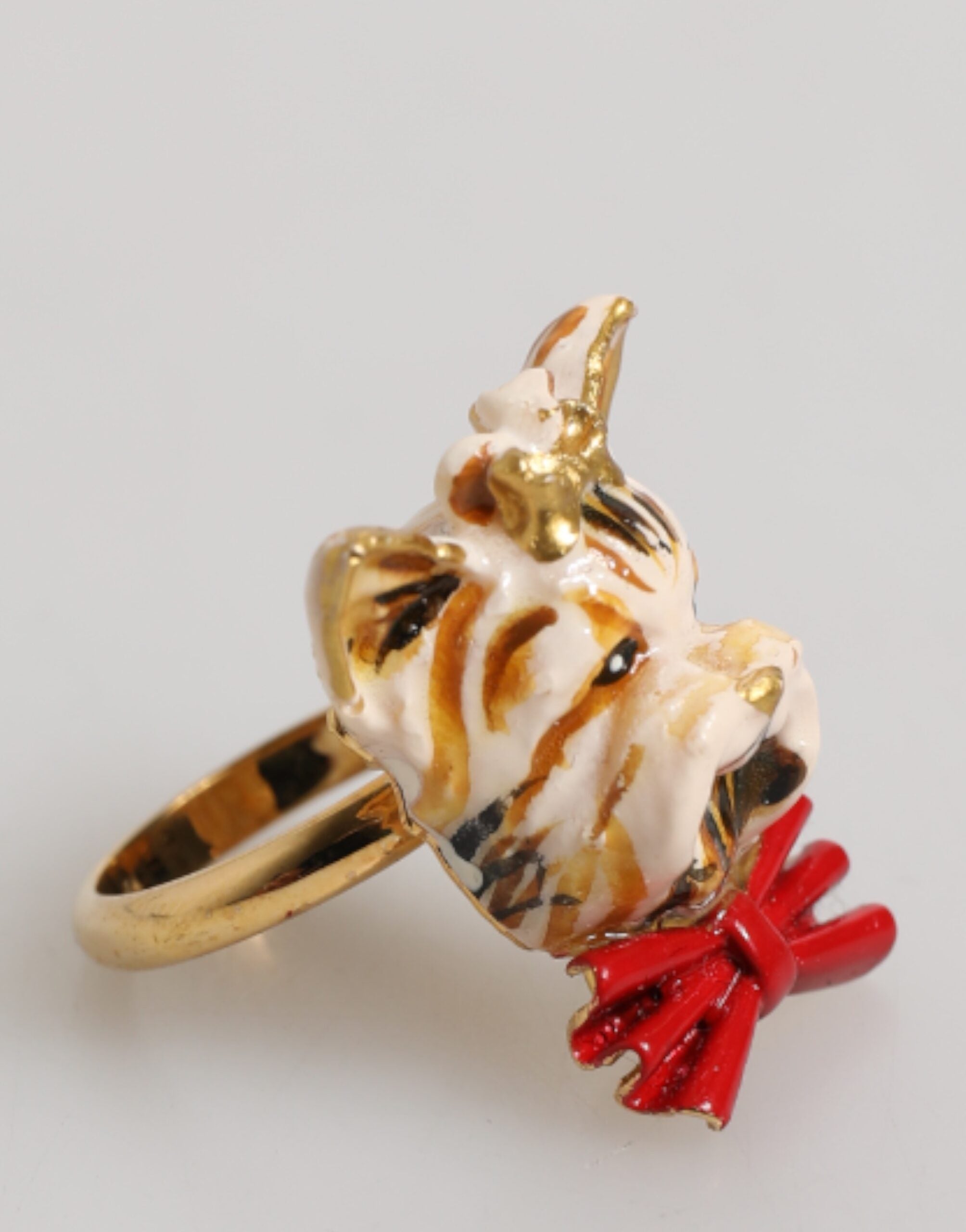 Dolce & Gabbana Gold Brass Resin Beige Dog Pet Accessory Women's Ring