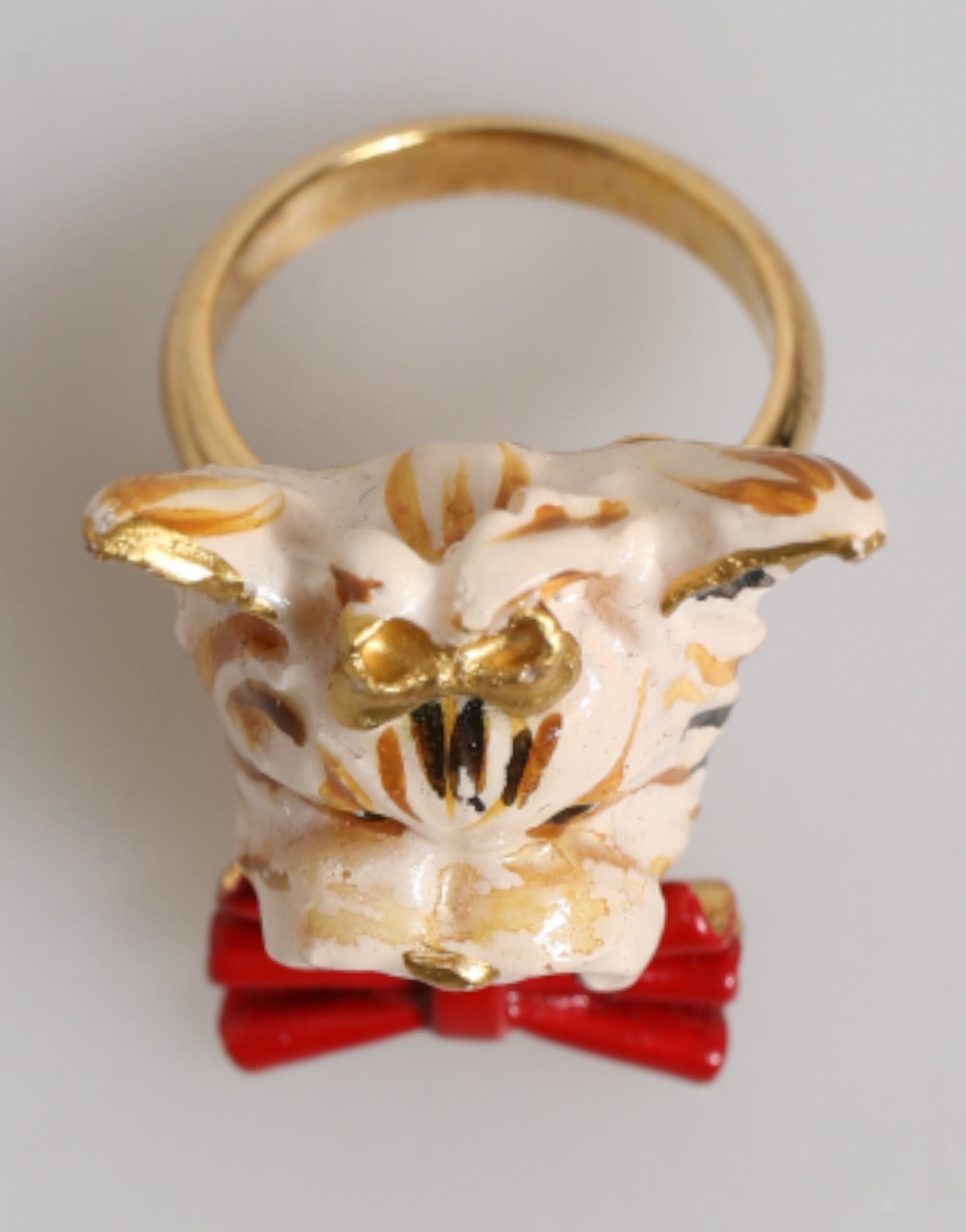 Dolce & Gabbana Gold Brass Resin Beige Dog Pet Accessory Women's Ring