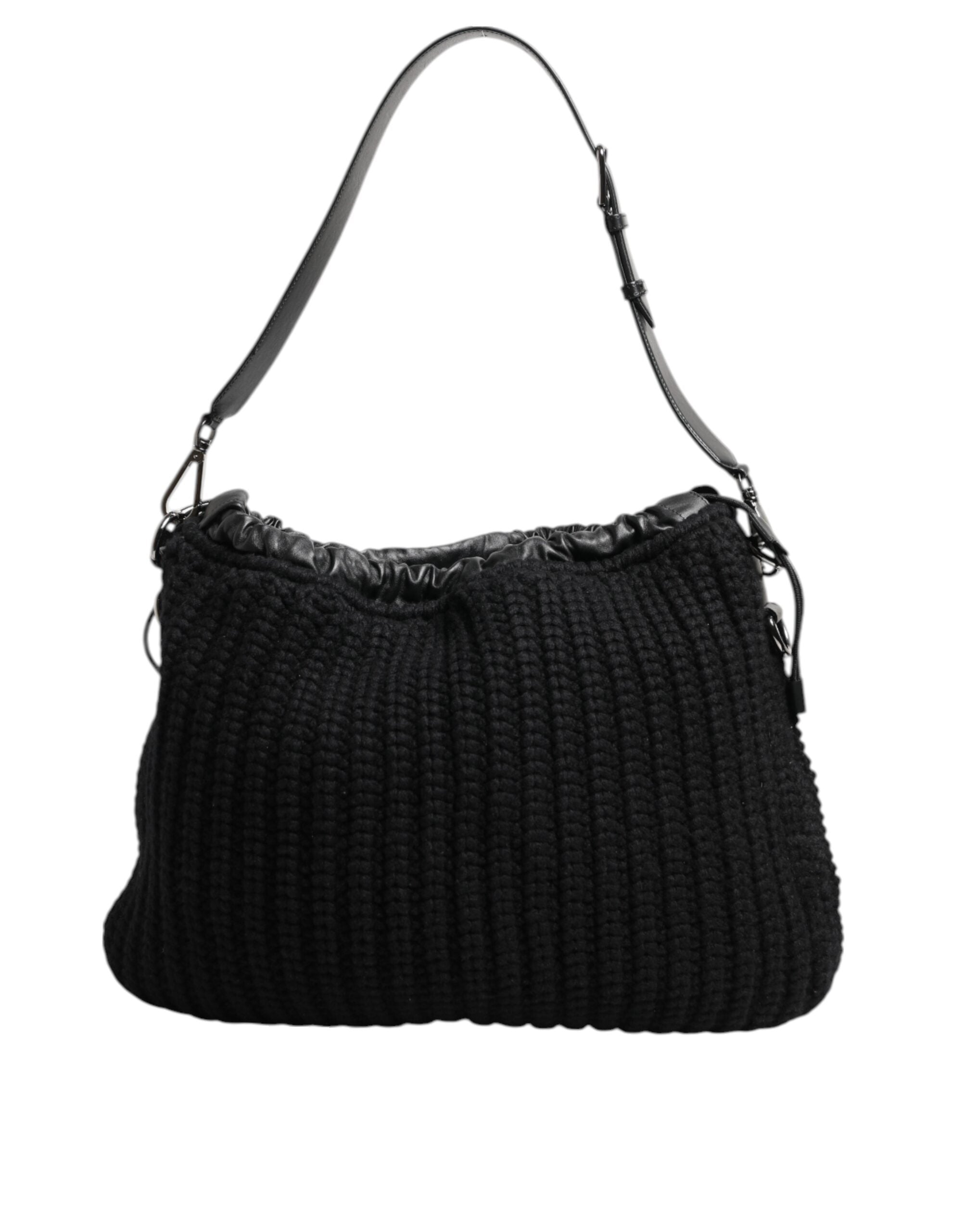 Dolce & Gabbana Black Cashmere Knitted Leather Shoulder Women Borse Women's Bag