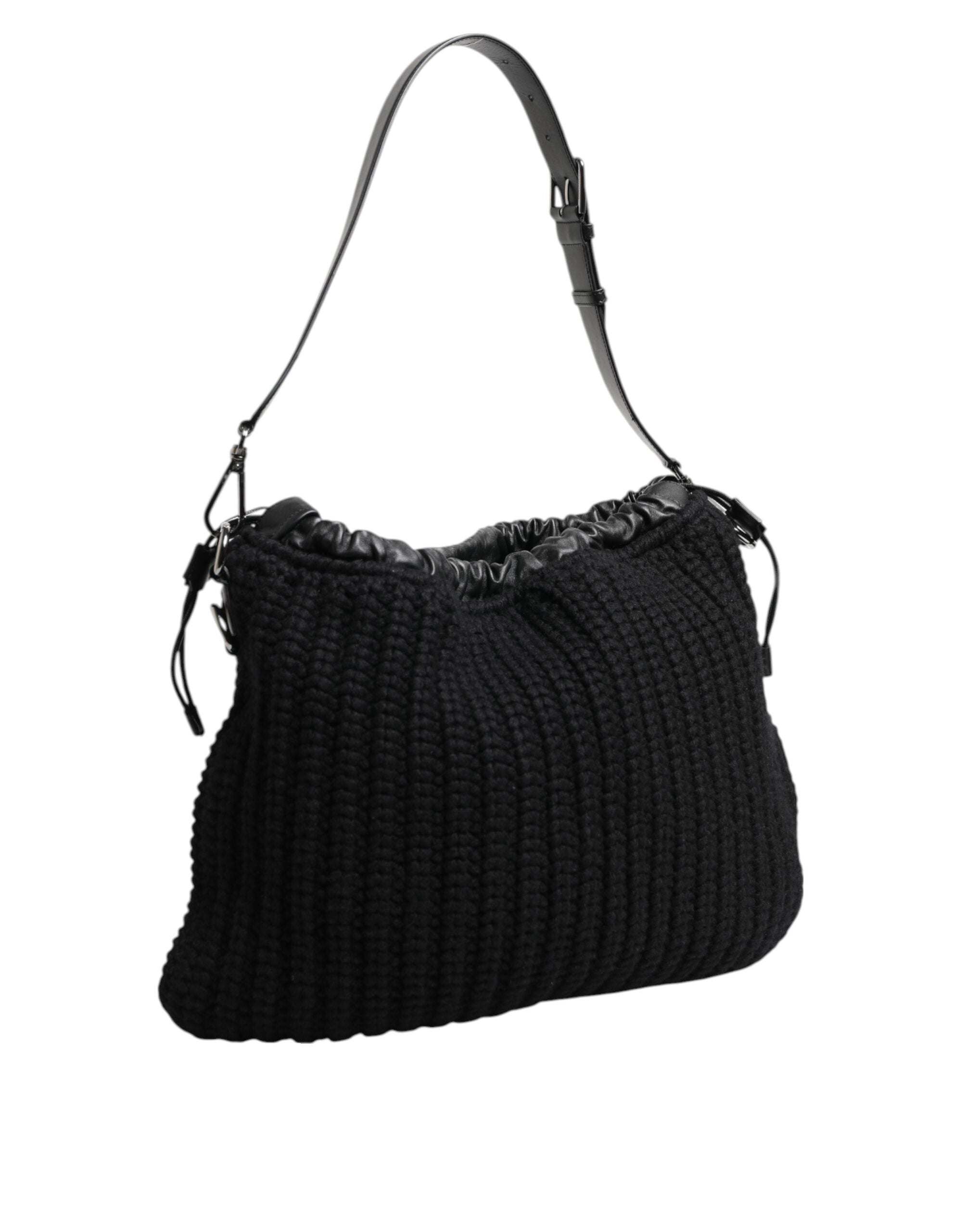 Dolce & Gabbana Black Cashmere Knitted Leather Shoulder Women Borse Women's Bag