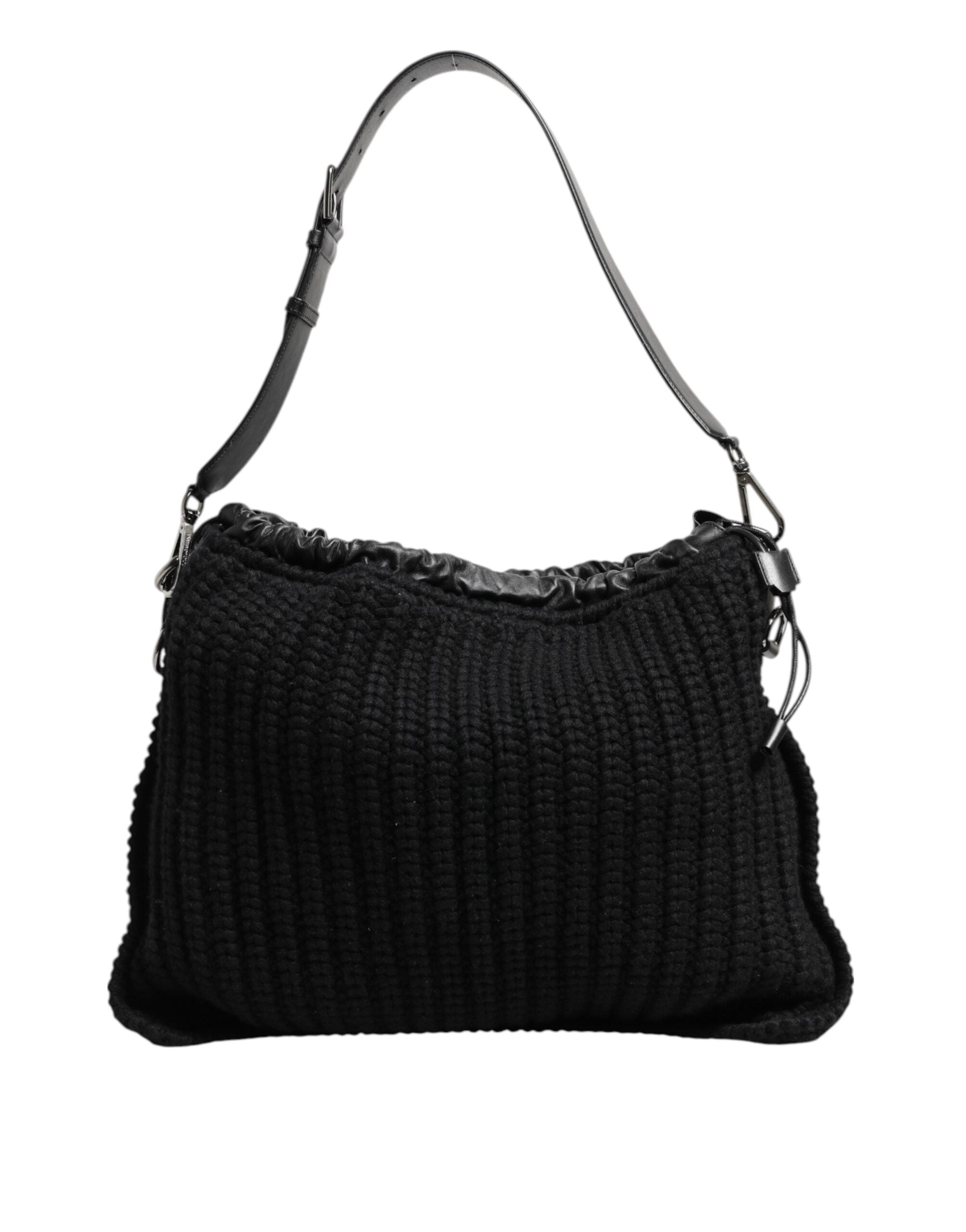 Dolce & Gabbana Black Cashmere Knitted Leather Shoulder Women Borse Women's Bag