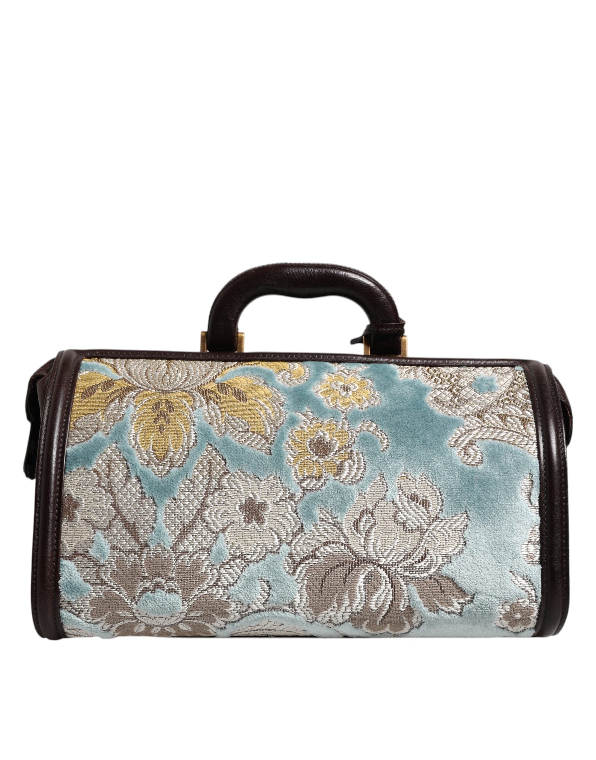 Dolce & Gabbana Blue Brown Leather Floral Jacquard Travel HandMen's Men's Bag (Pre-Owned)