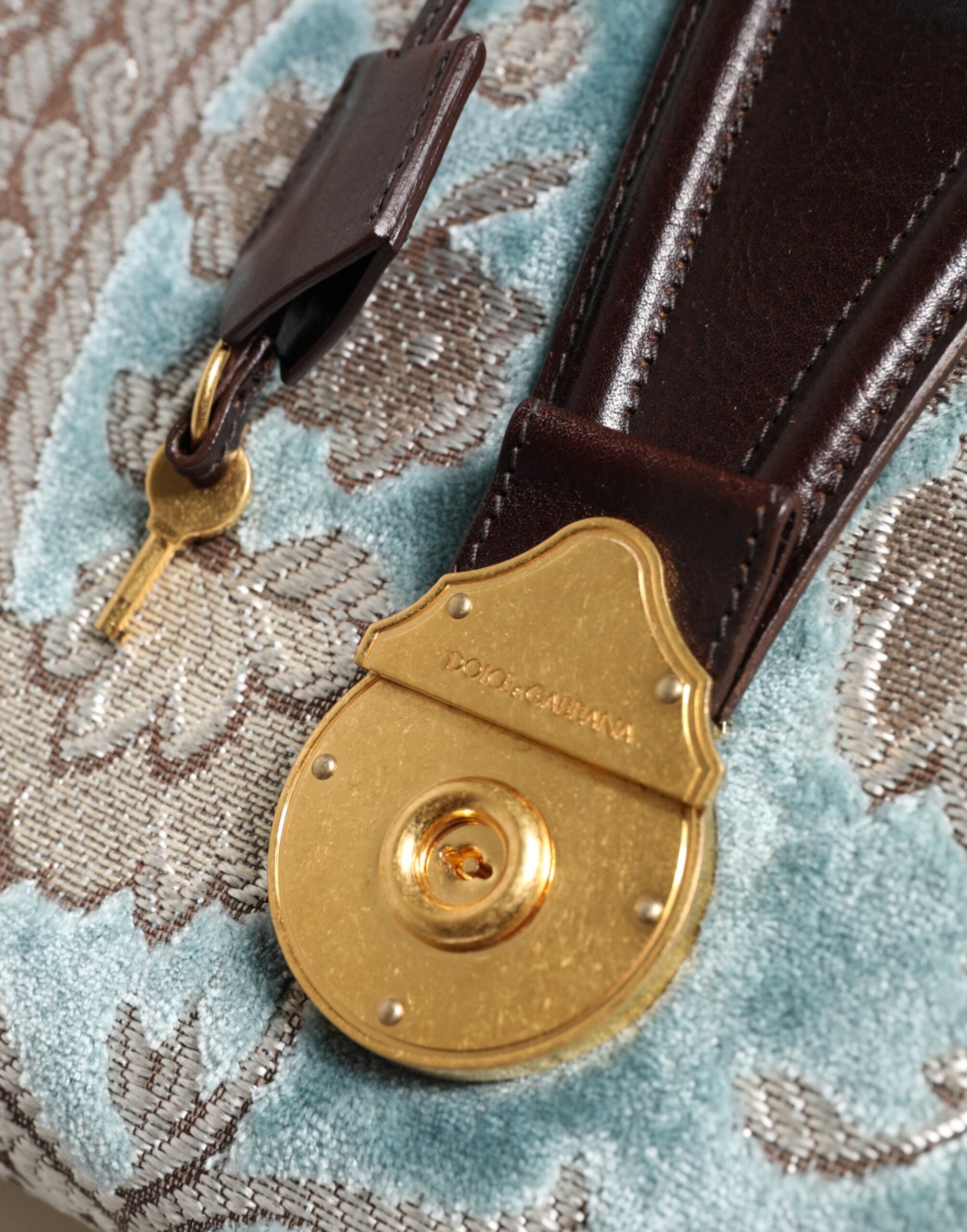 Dolce & Gabbana Blue Brown Leather Floral Jacquard Travel HandMen's Men's Bag (Pre-Owned)