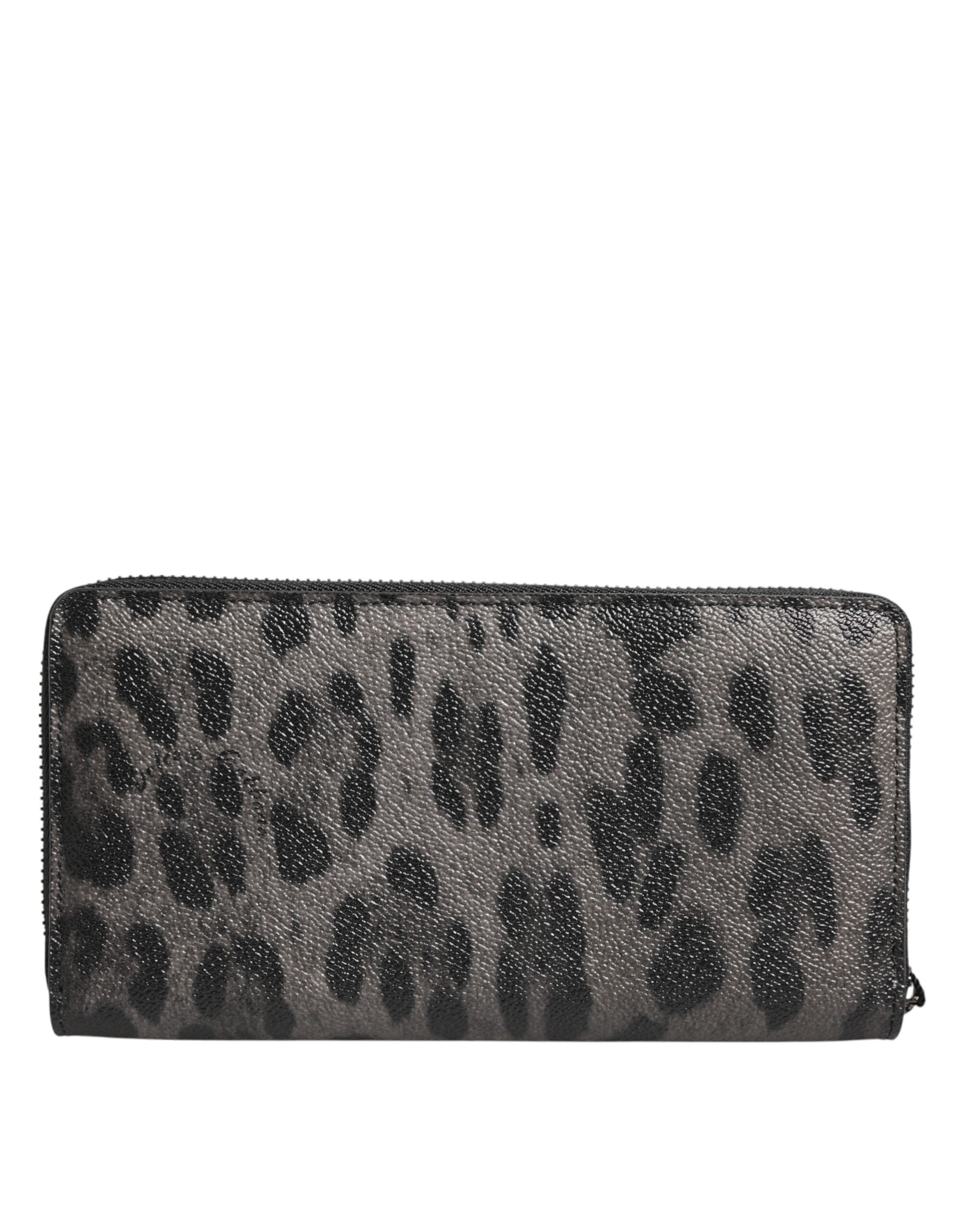 Dolce & Gabbana Black Gray Leopard Leather Zip Around Continental Men's Wallet