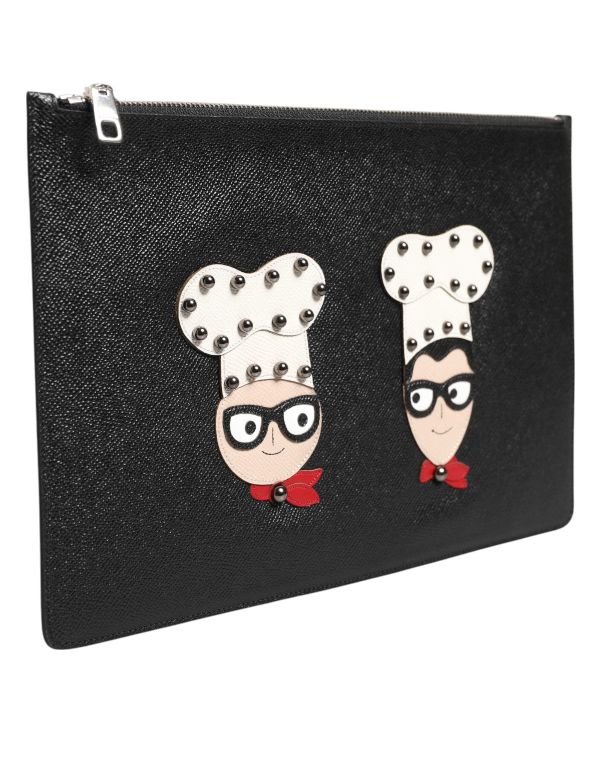 Dolce & Gabbana Black Leather #DGFAMILY Embellished Men Clutch Pouch Men's Bag