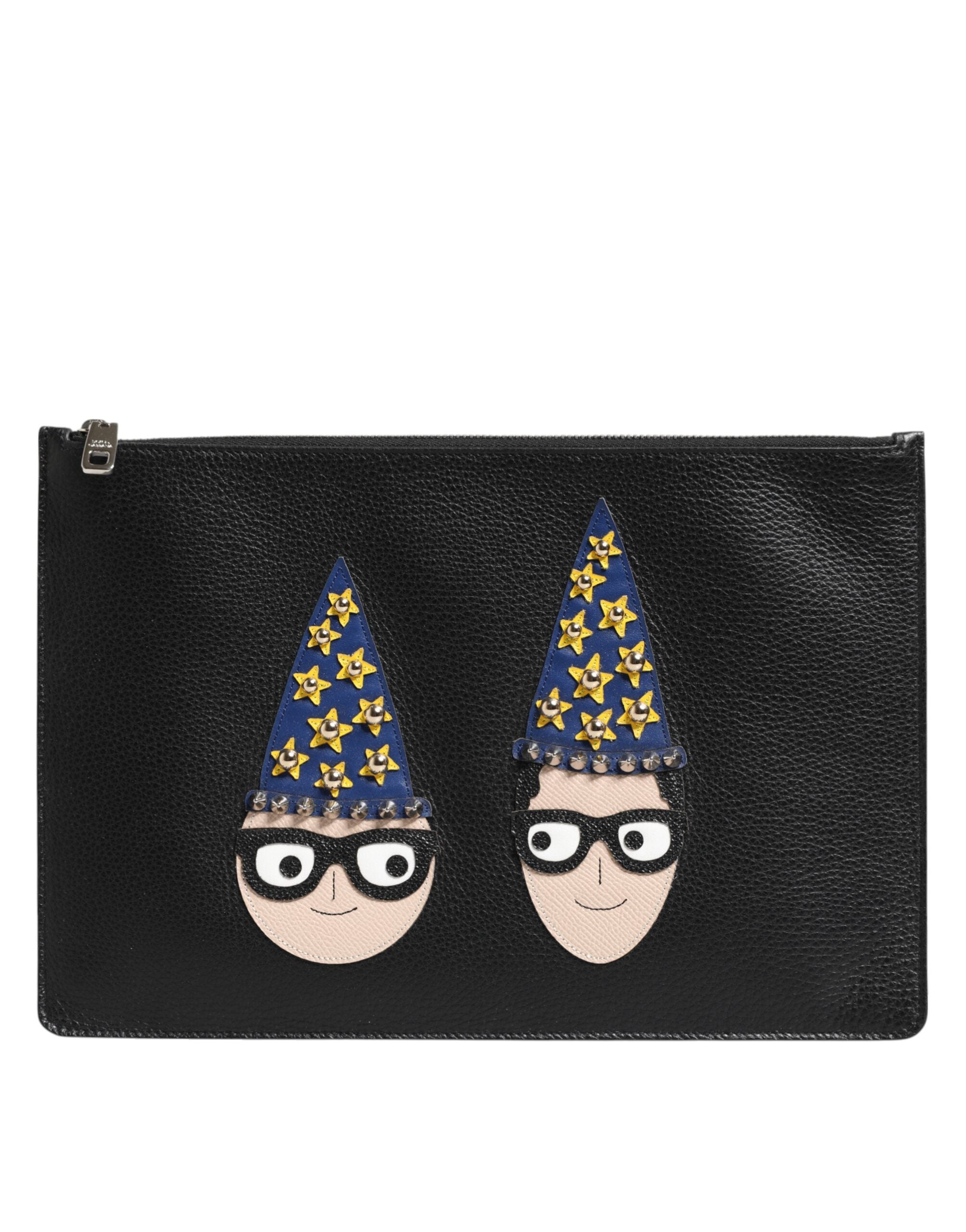 Dolce & Gabbana Black Leather #DGFAMILY Embellished Men Clutch Pouch Men's Bag
