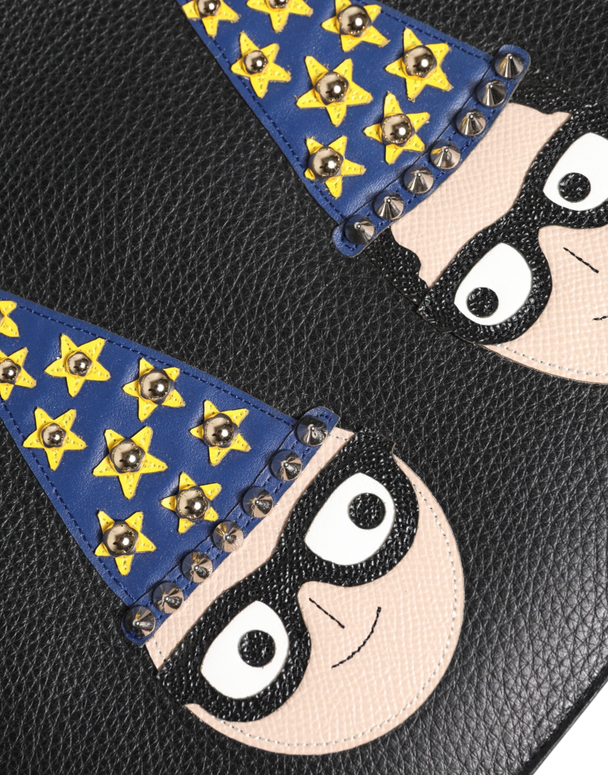 Dolce & Gabbana Black Leather #DGFAMILY Embellished Men Clutch Pouch Men's Bag