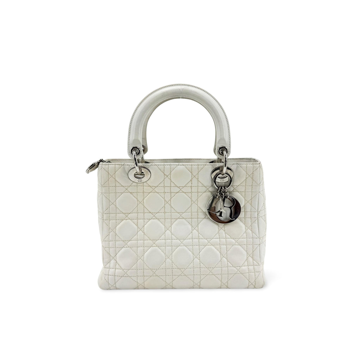 Christian Dior Lady Dior Grained Calfskin White Leather Handbag (Pre-Owned)