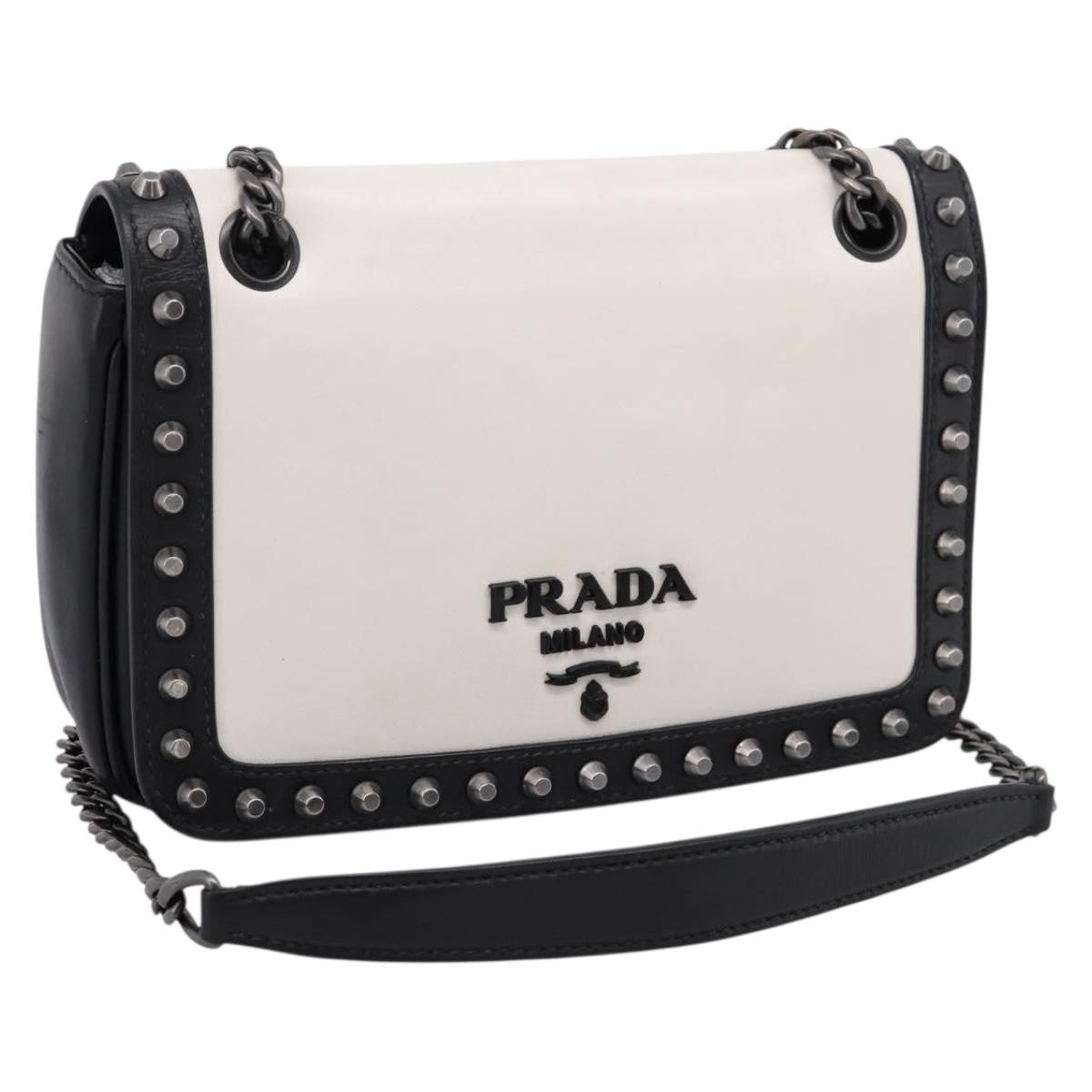 Prada Chain Flap Studded Glace Calf White Leather Shoulder Bag Bag (Pre-Owned)