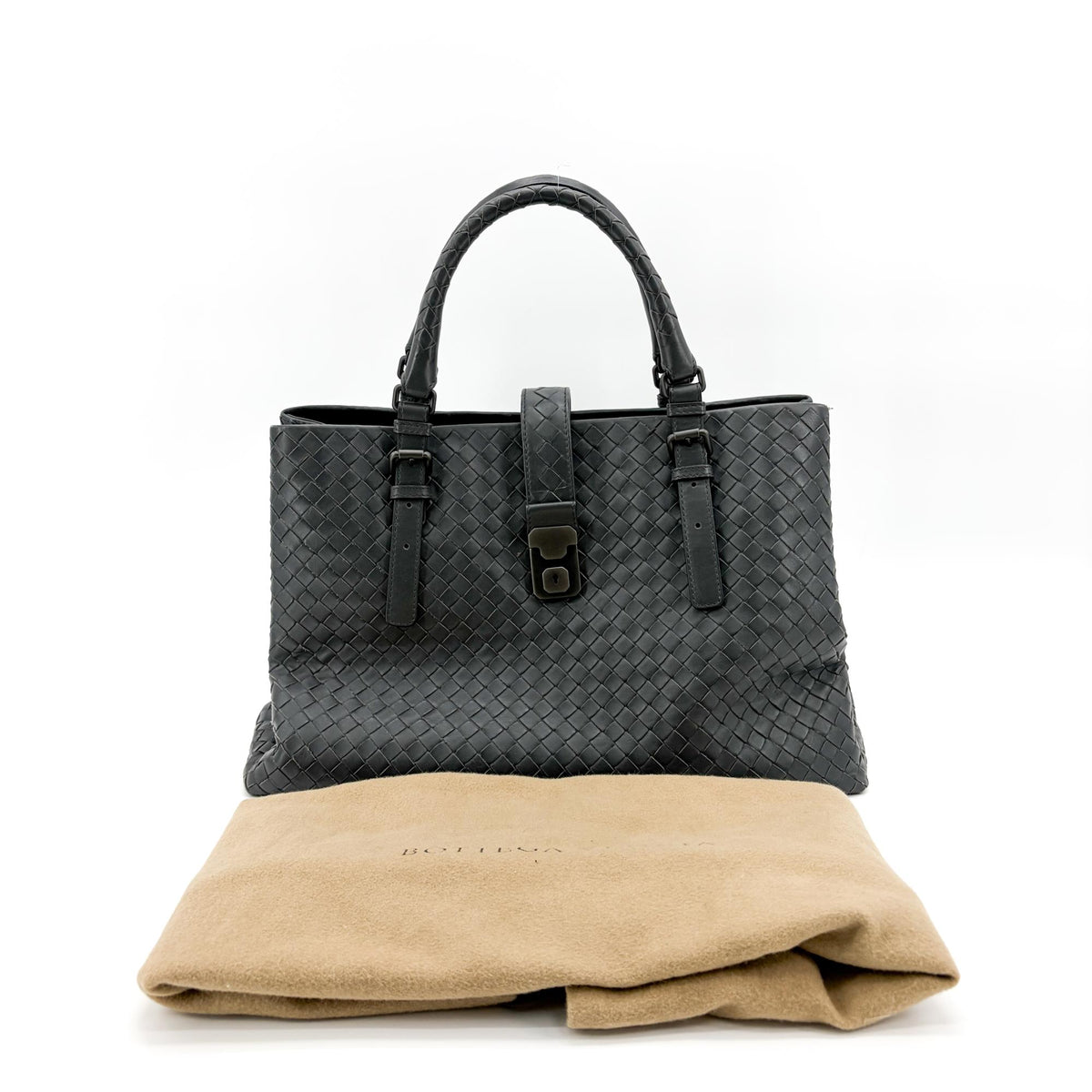 Bottega Veneta Roma Intrecciato Nappa Gray Leather Handbag (Pre-Owned)