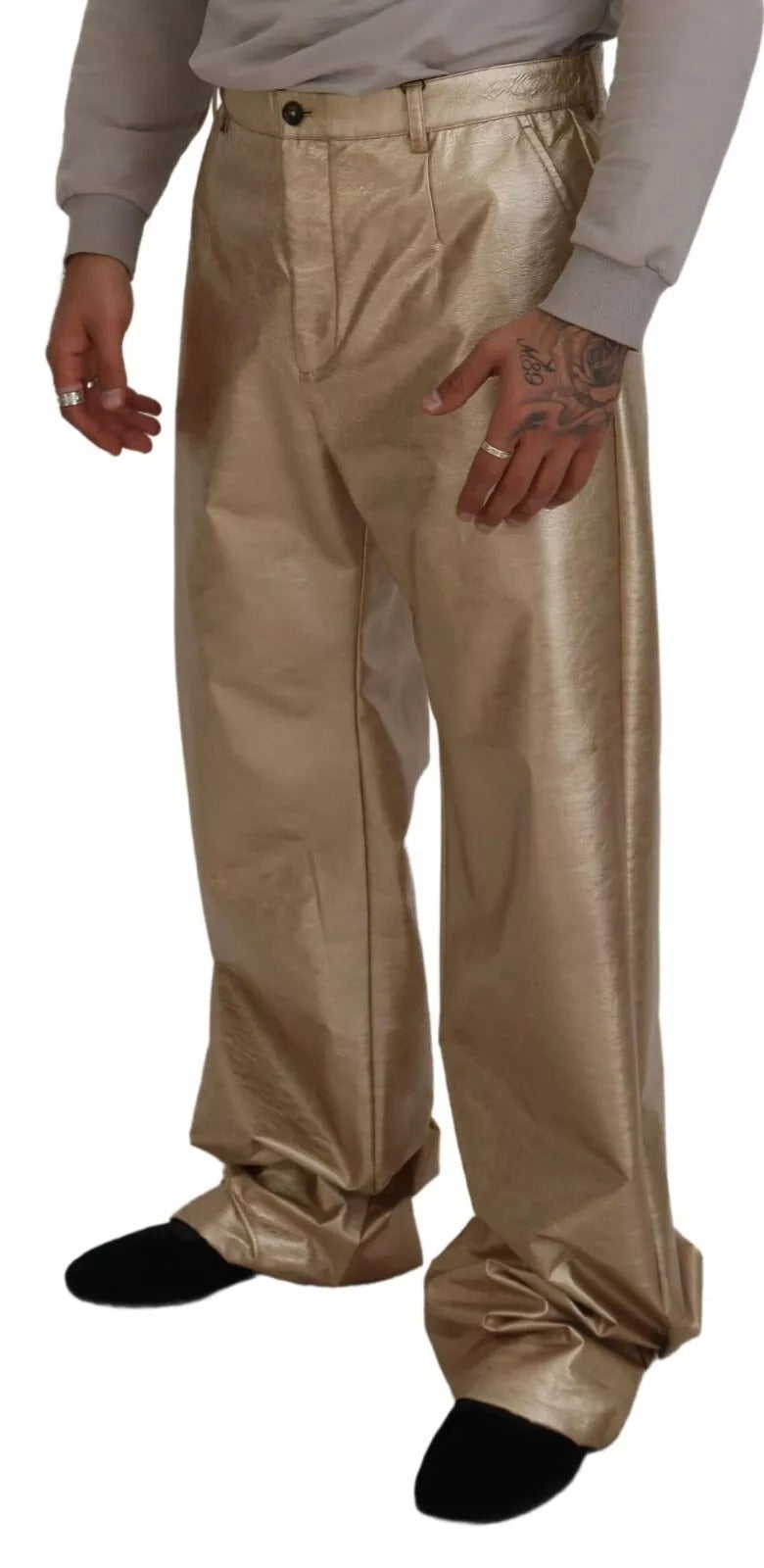 Dolce & Gabbana Metallic Gold Polyester Straight Trouser Men's Pants (Pre-Owned)