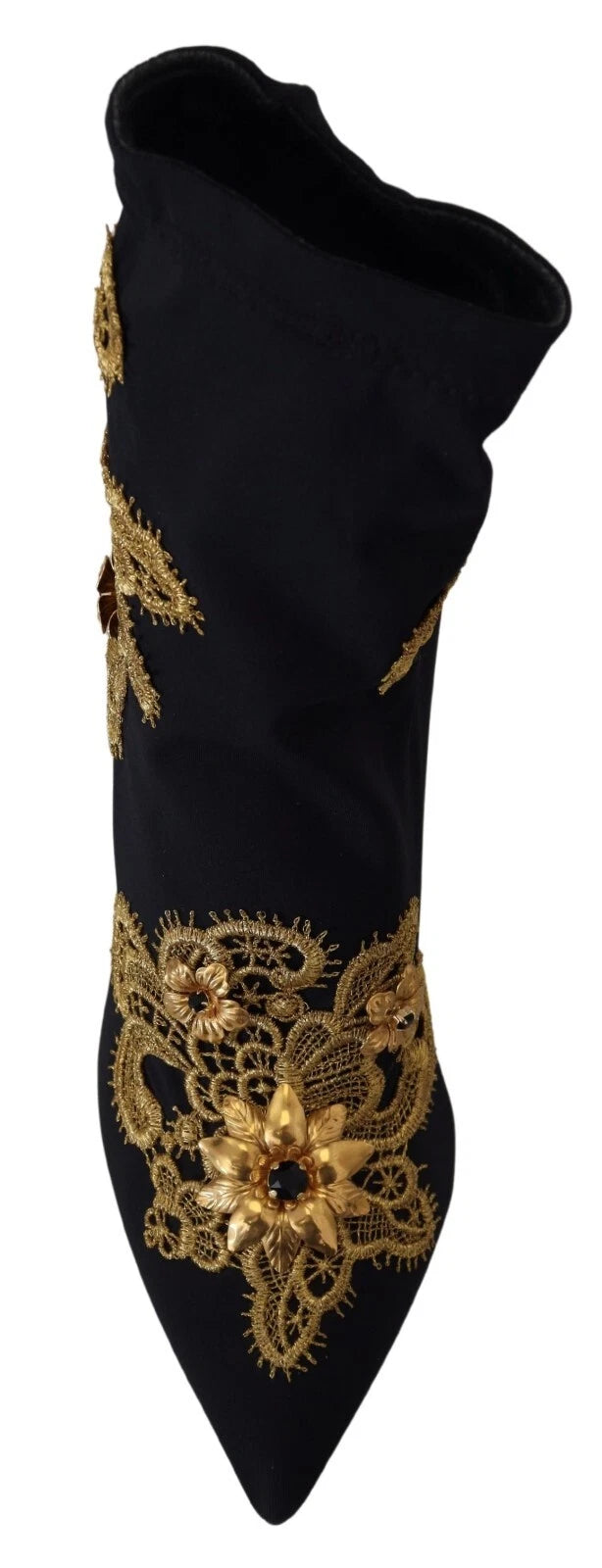 Dolce & Gabbana Black Gold Embroidery Crystal Boots Women's Shoes