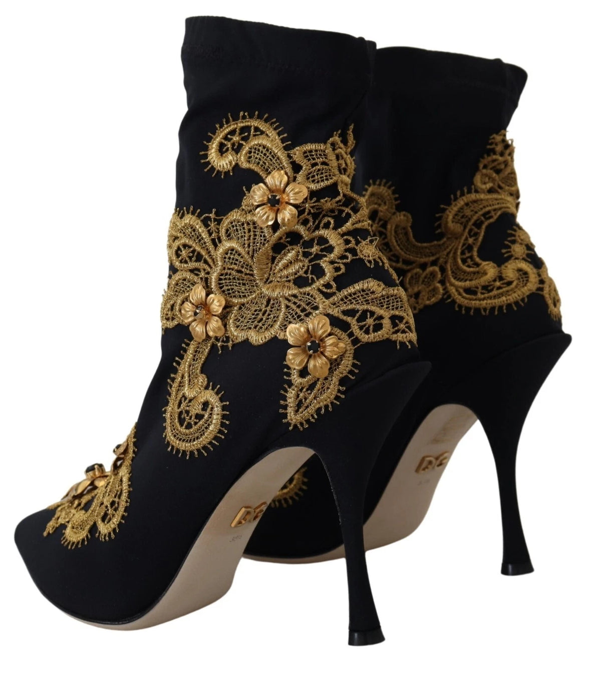 Dolce & Gabbana Black Gold Embroidery Crystal Boots Women's Shoes