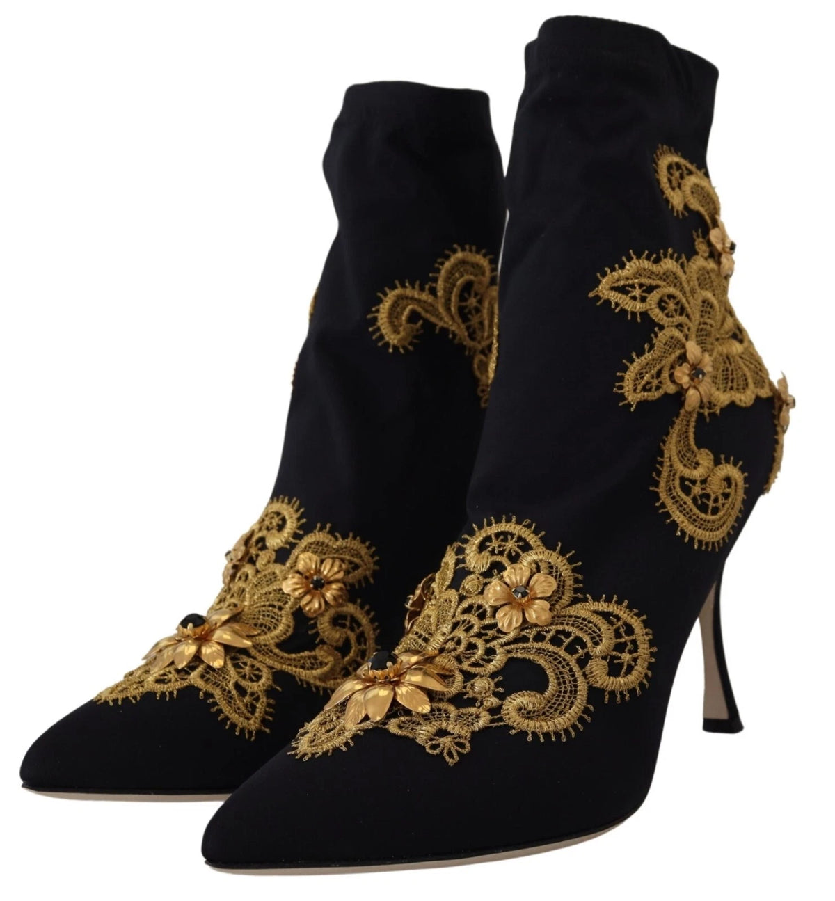 Dolce & Gabbana Black Gold Embroidery Crystal Boots Women's Shoes