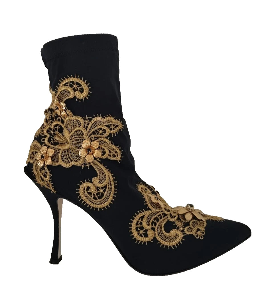 Dolce & Gabbana Black Gold Embroidery Crystal Boots Women's Shoes