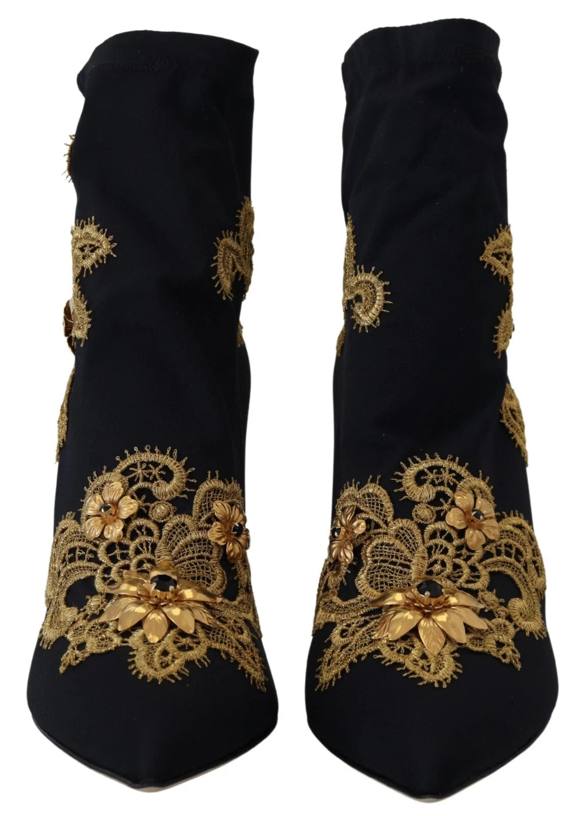 Dolce & Gabbana Black Gold Embroidery Crystal Boots Women's Shoes