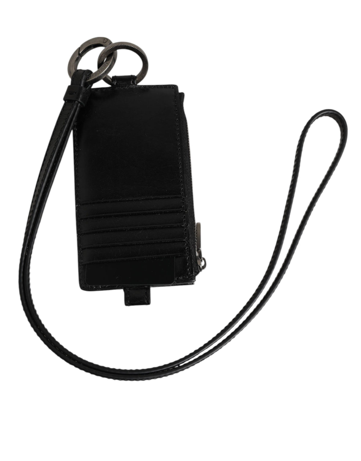 Dolce & Gabbana Black Leather Logo Embossed Lanyard Card Holder Men's Wallet