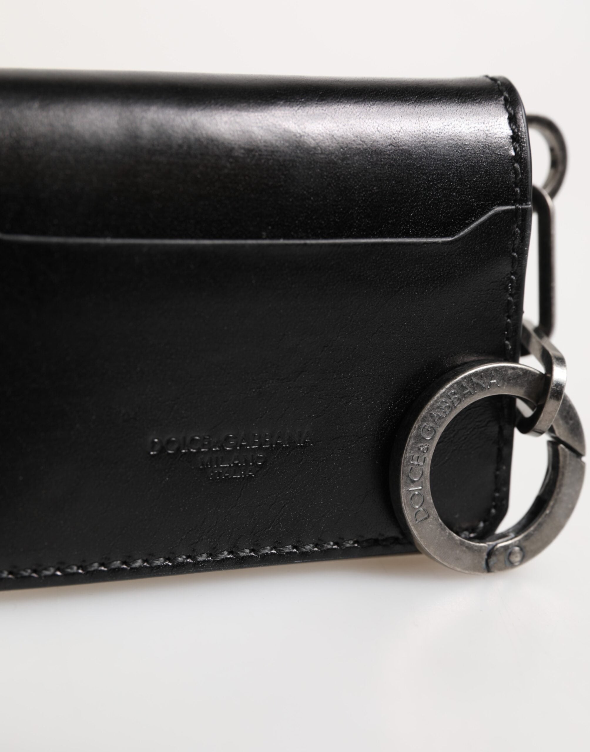 Dolce & Gabbana Men's Black Leather Logo Embossed Key Chain Card Holder Men's Wallet